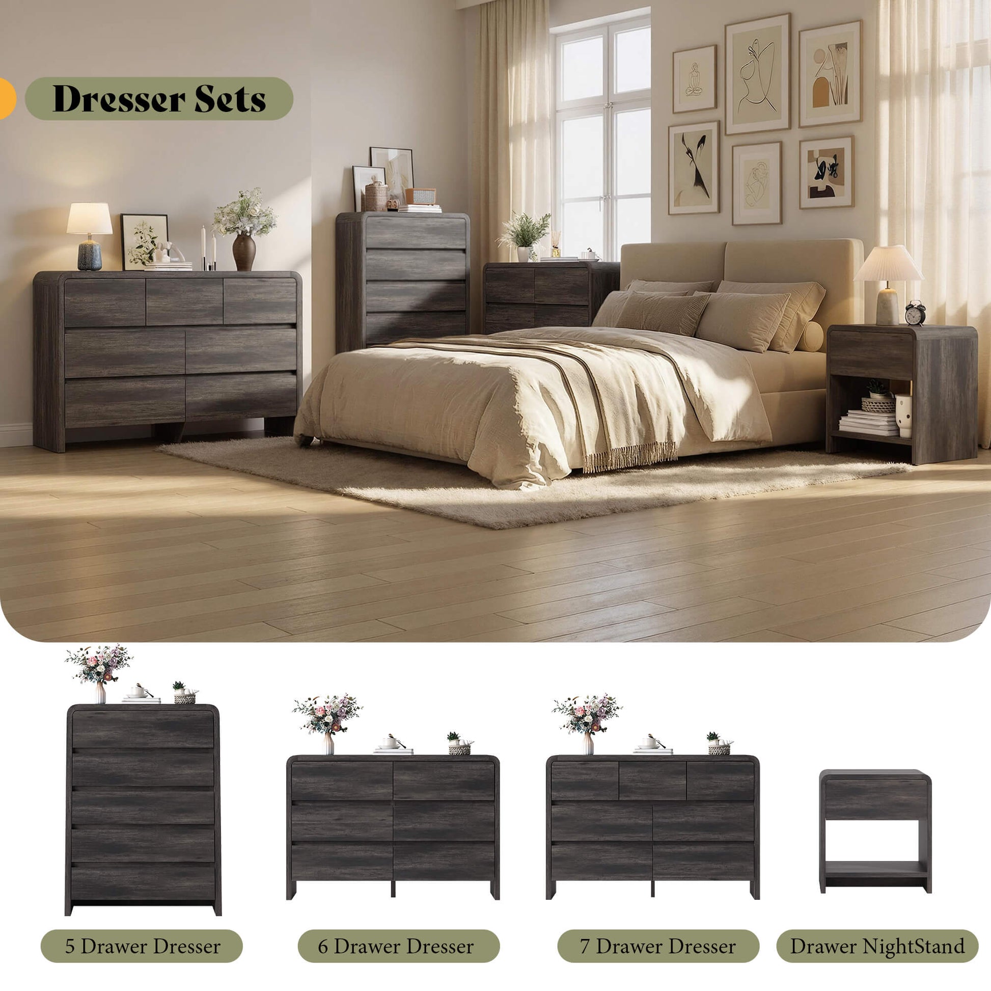 Garyon Modern Bedroom Furniture Set -5+2Black