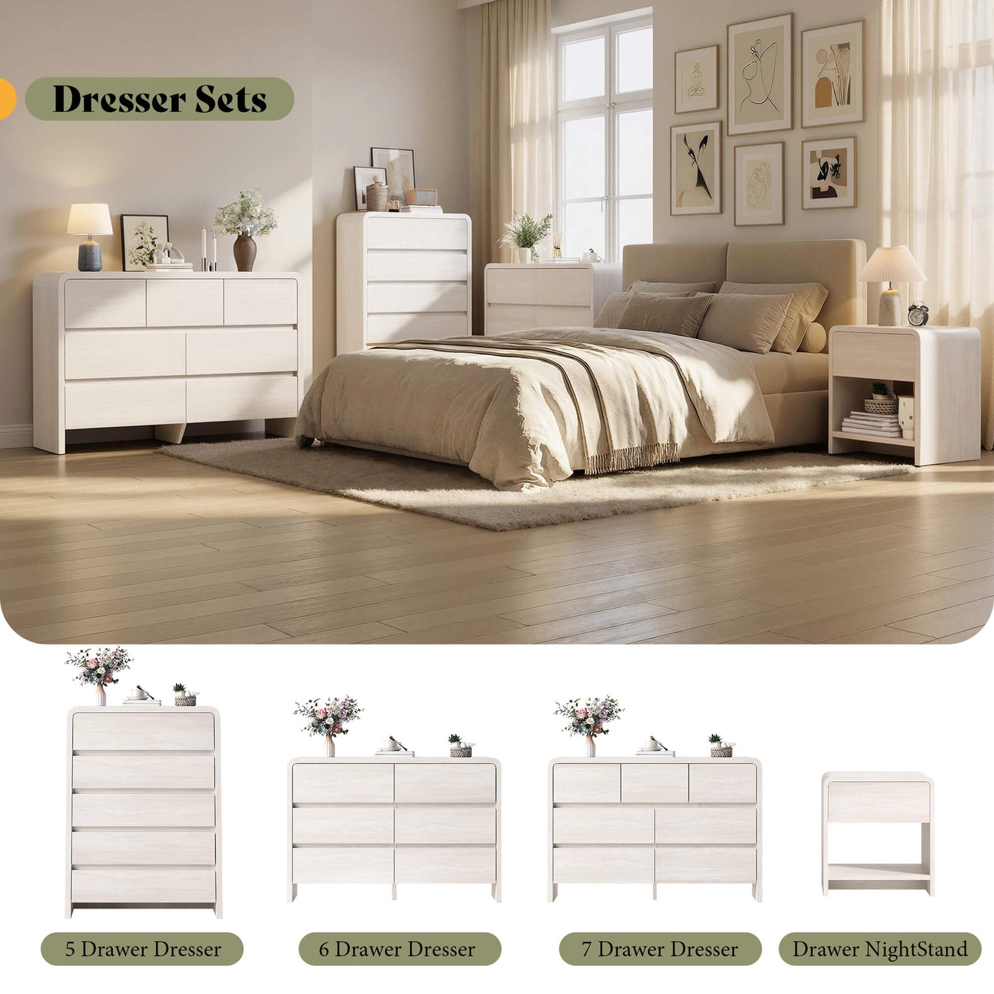 Garyon Modern Bedroom Furniture Set -5+2White