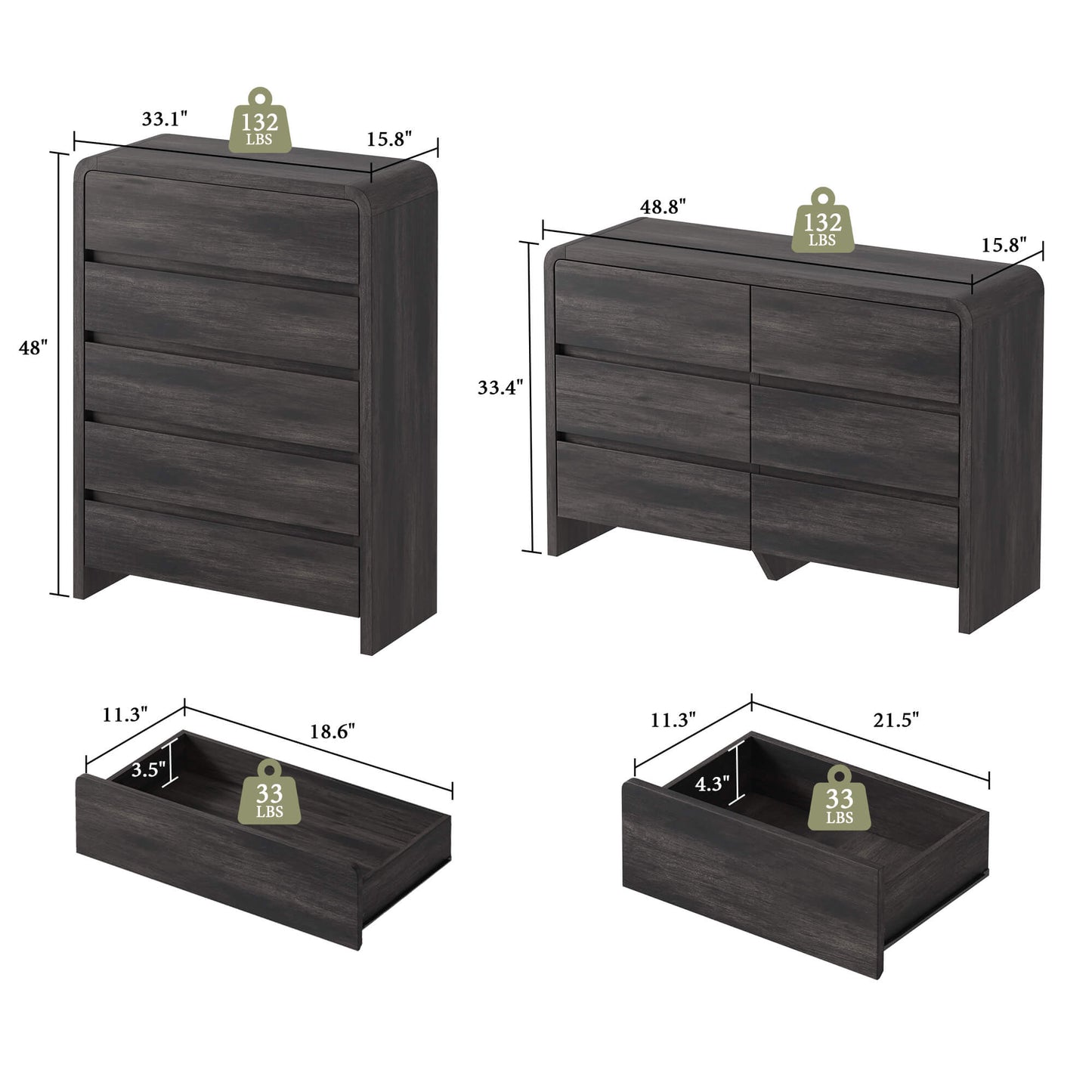 Garyon Modern Bedroom Furniture Set -5+6+2Black