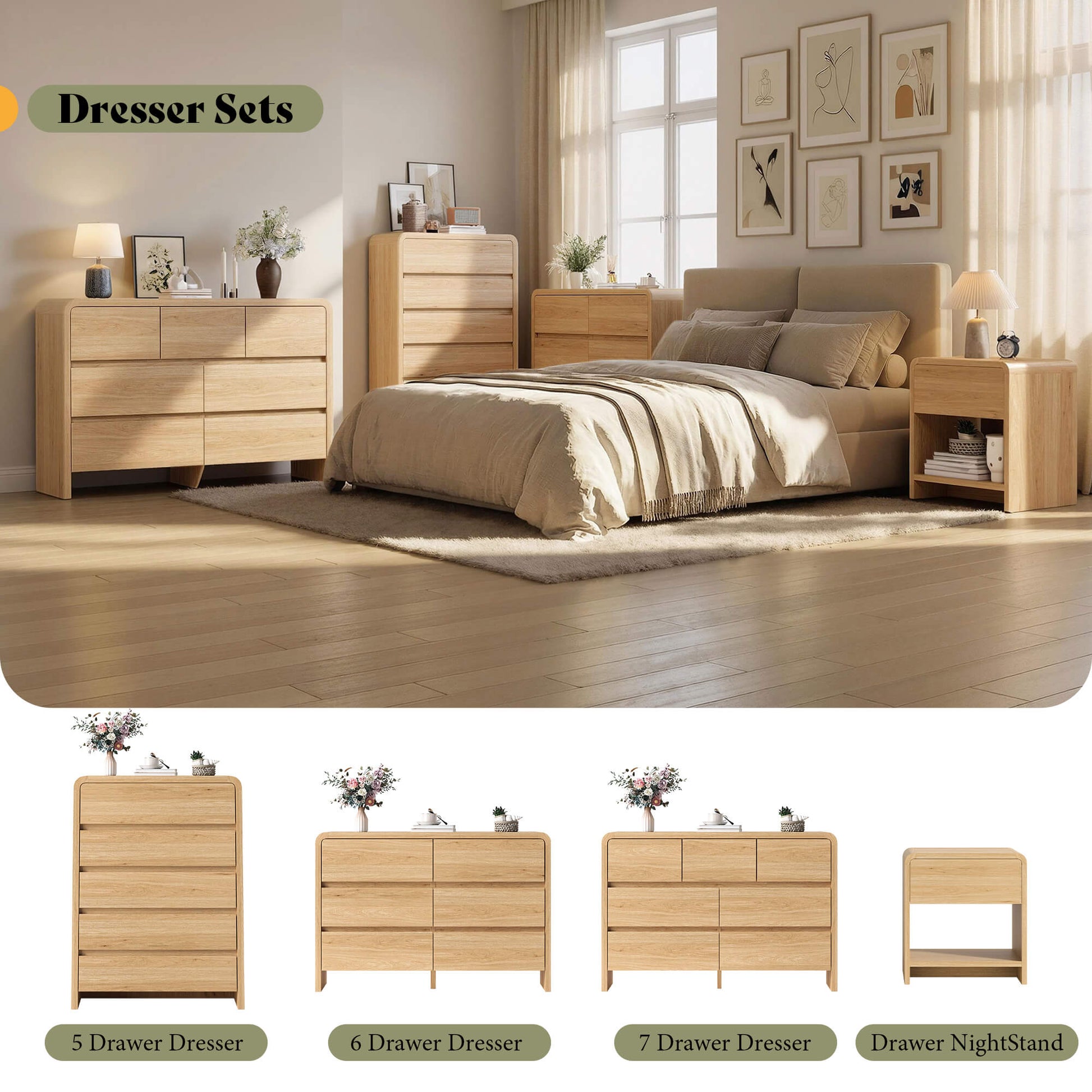 Garyon Modern Bedroom Furniture Set -5+6+2LightOak