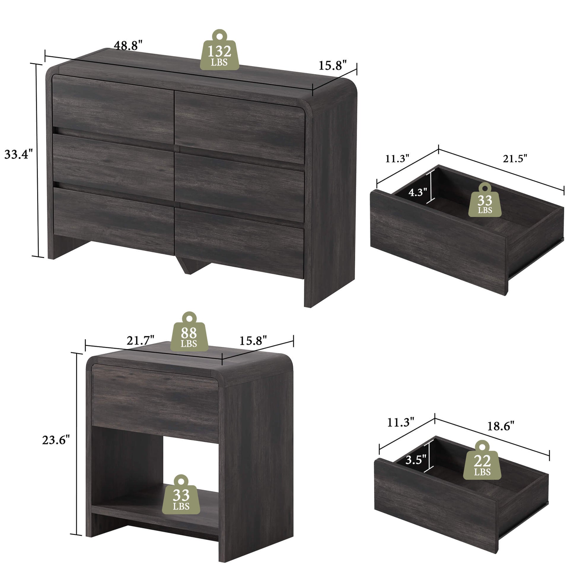 Garyon Modern Bedroom Furniture Set -6+2Black