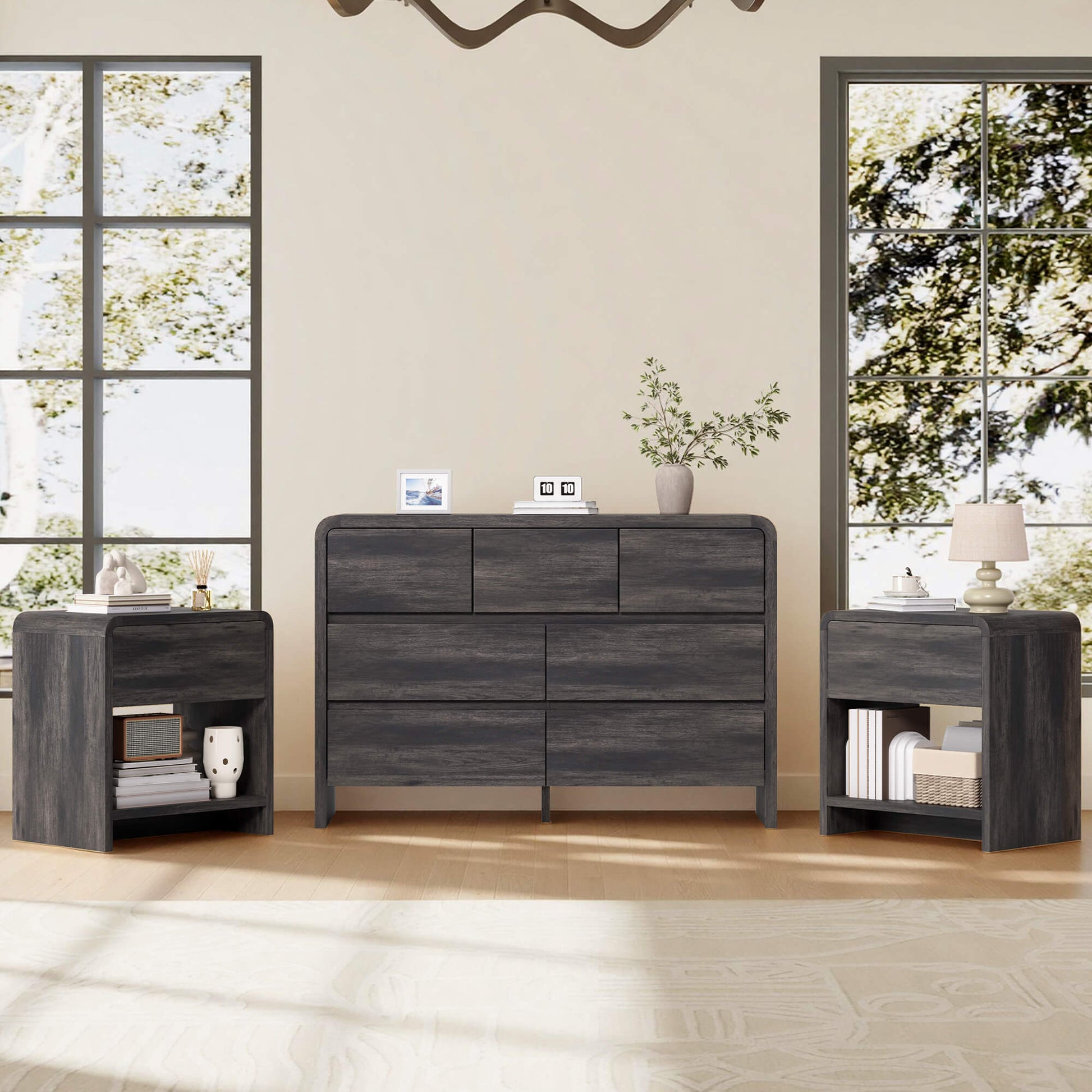 Garyon Modern Bedroom Furniture Set -7+2Black