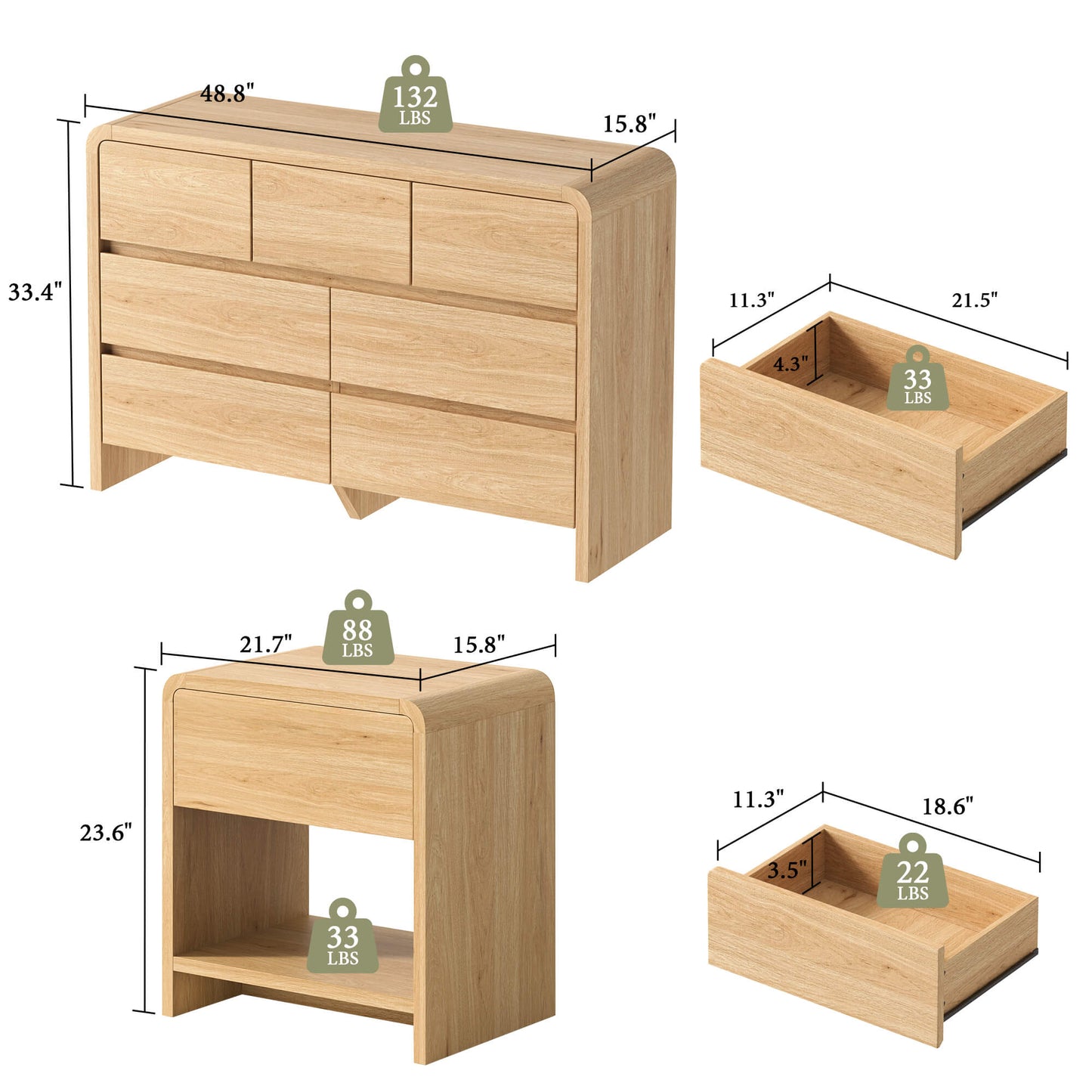 Garyon Modern Bedroom Furniture Set -7+2LightOak