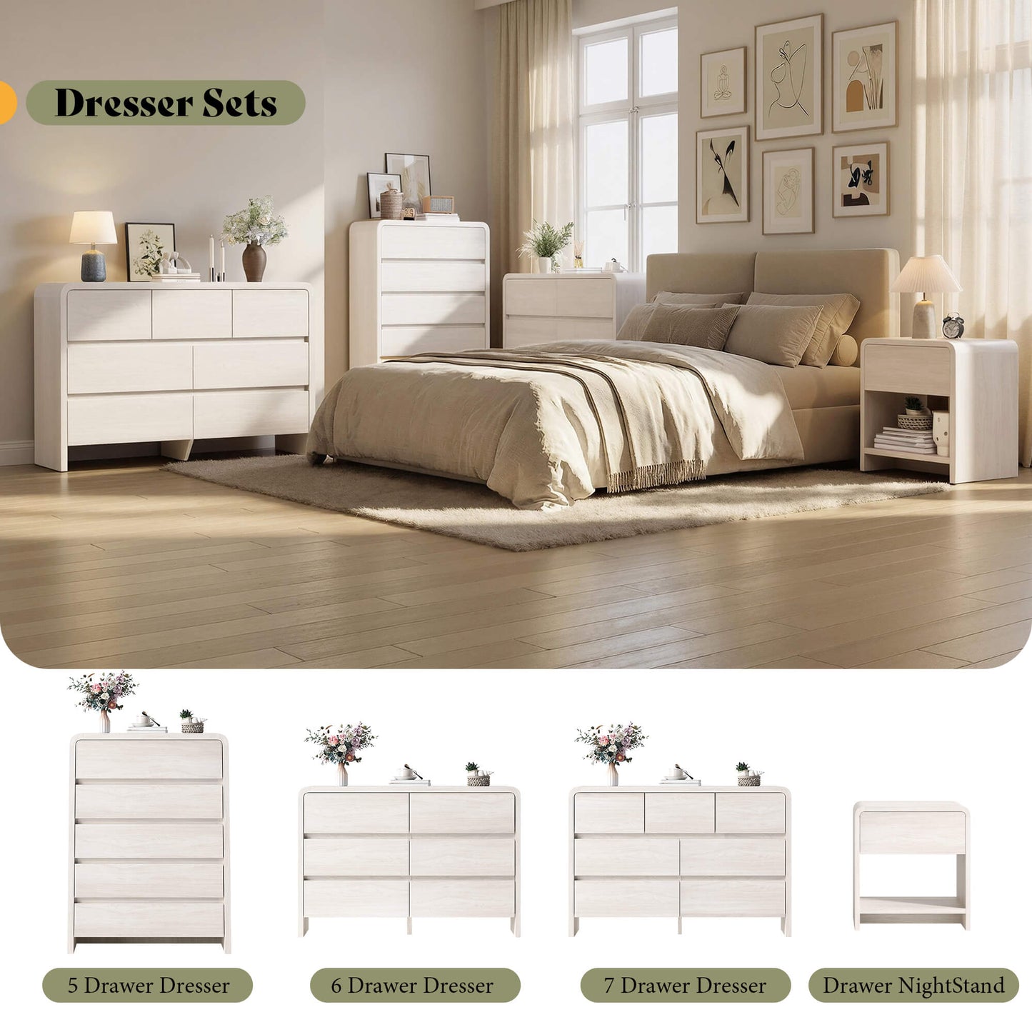 Garyon Modern Bedroom Furniture Set -7+2White