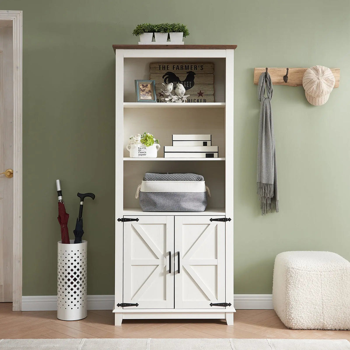 Bret Farmhouse Bookcase Storage Cabinet Rustic White