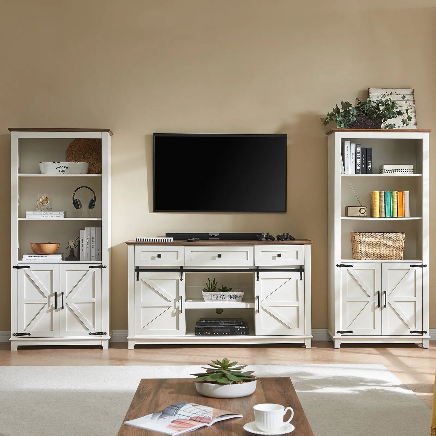 Bret Farmhouse Bookcase Storage Cabinet Rustic White
