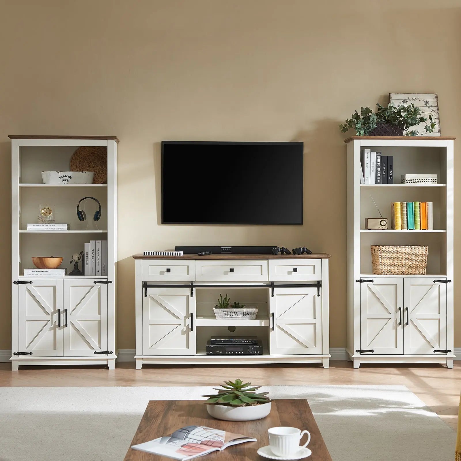 Bret Farmhouse Bookcase Storage Cabinet Rustic White