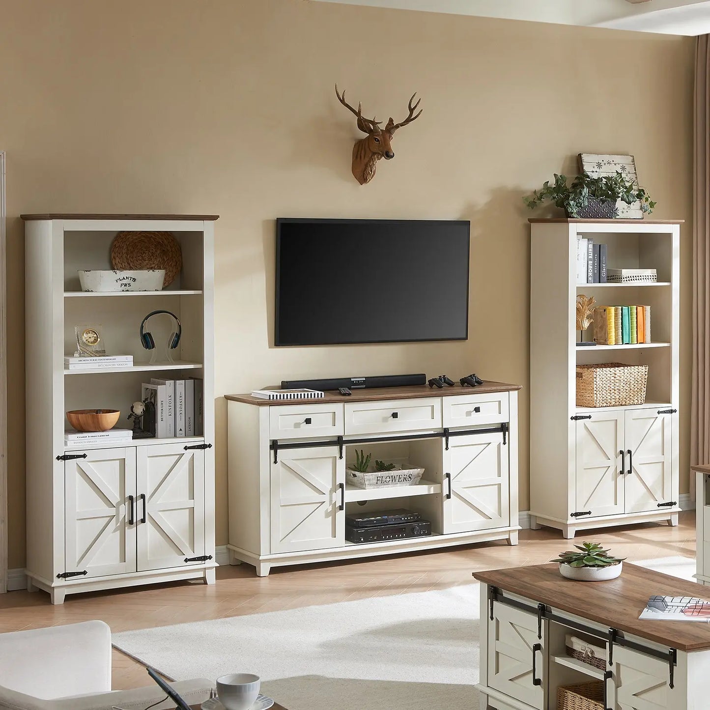 Bret Farmhouse Bookcase Storage Cabinet Rustic White