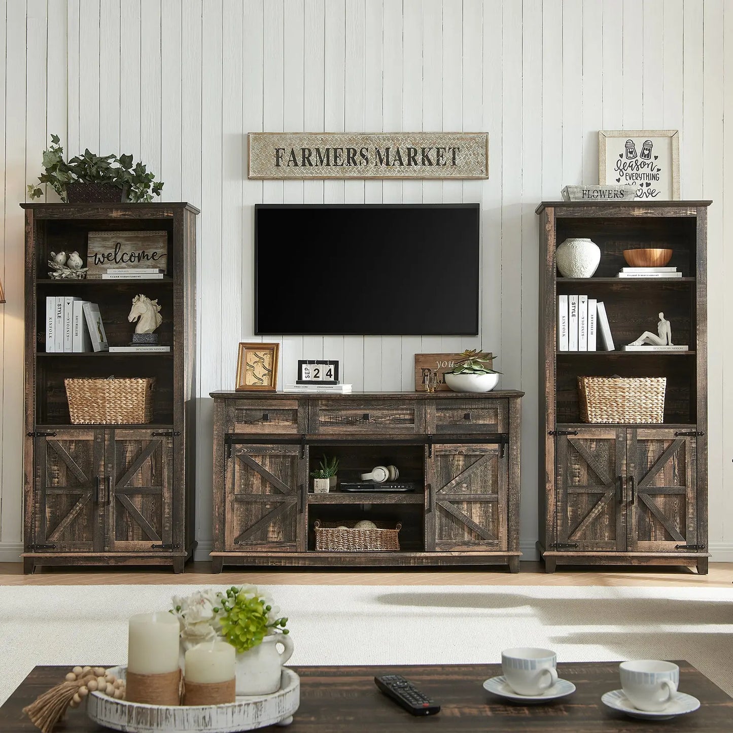 Bret Farmhouse Bookcase Storage Cabinet Rustic Oak Black