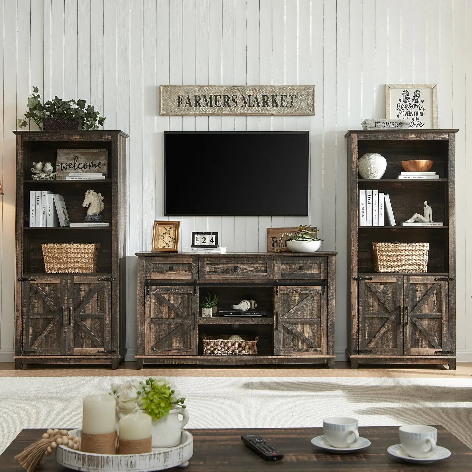 Bret Farmhouse Bookcase Storage Cabinet Rustic Oak Black