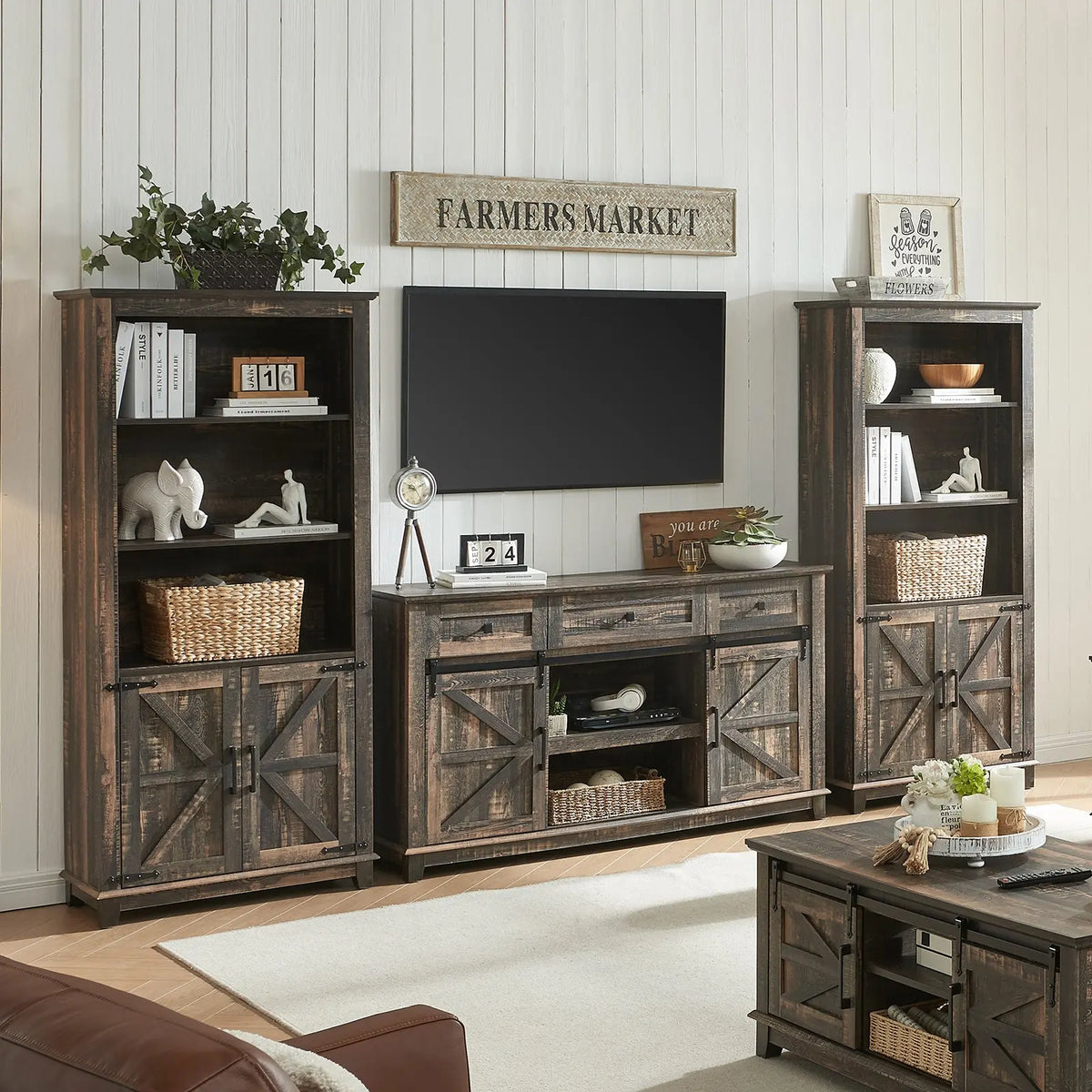 Bret Farmhouse Bookcase Storage Cabinet Rustic Oak Black