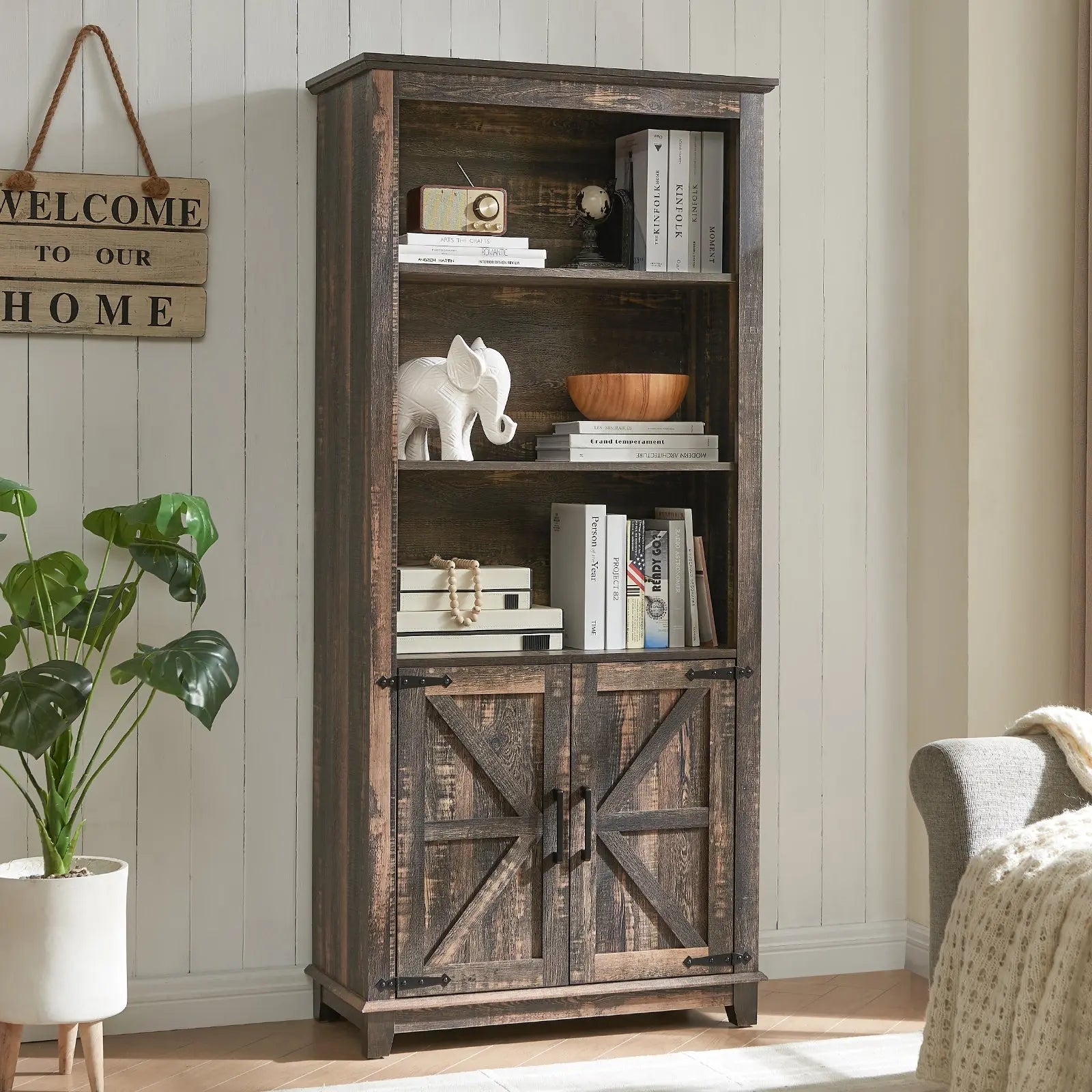 Bret Farmhouse Bookcase Storage Cabinet Rustic Oak Black