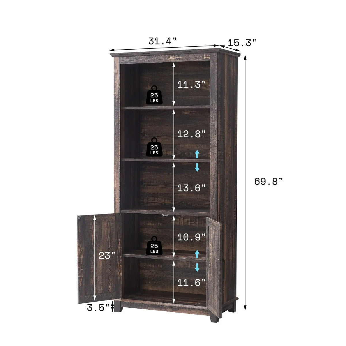 Bret Farmhouse Bookcase Storage Cabinet Rustic Oak Black