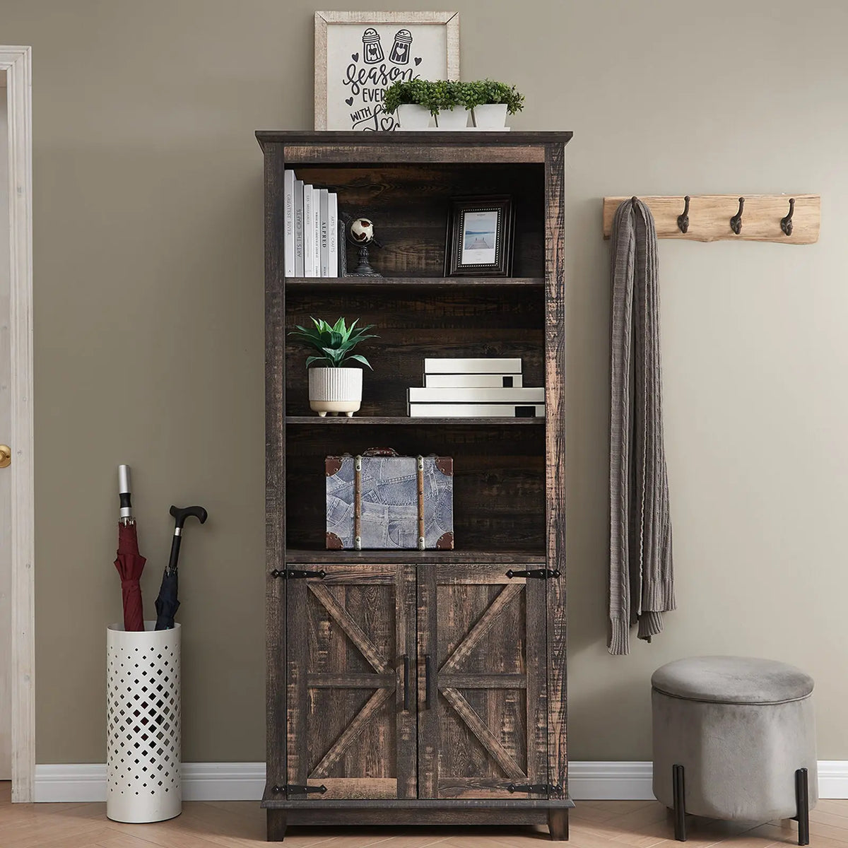 Bret Farmhouse Bookcase Storage Cabinet Rustic Oak Black