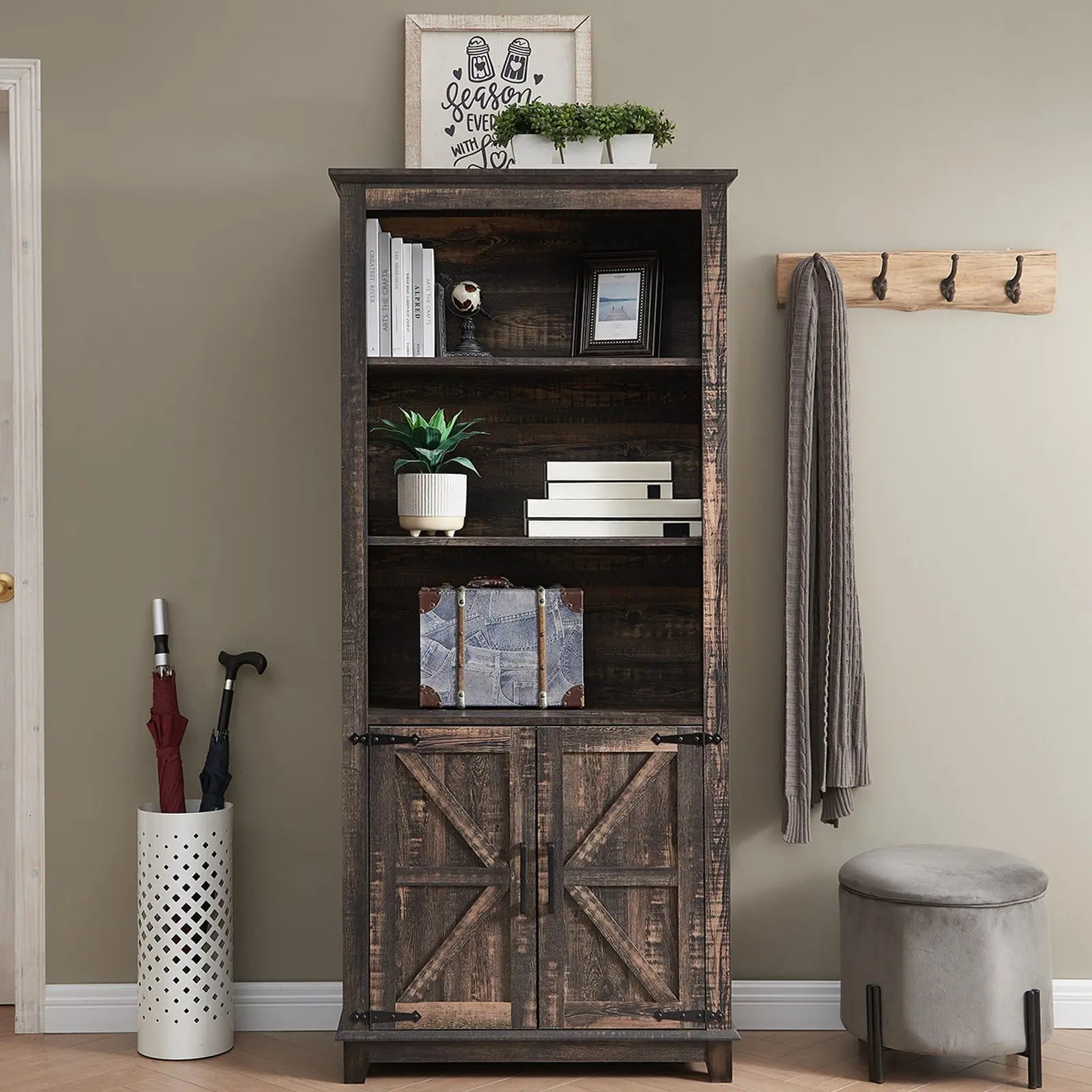 Bret Farmhouse Bookcase Storage Cabinet Rustic Oak Black