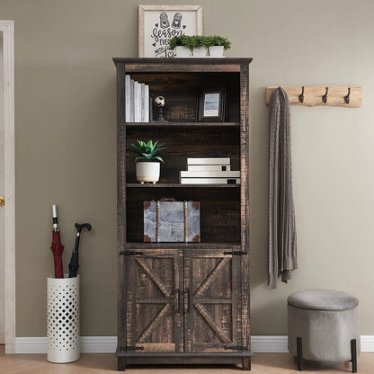 Bret Farmhouse Bookcase Storage Cabinet Rustic Oak Black
