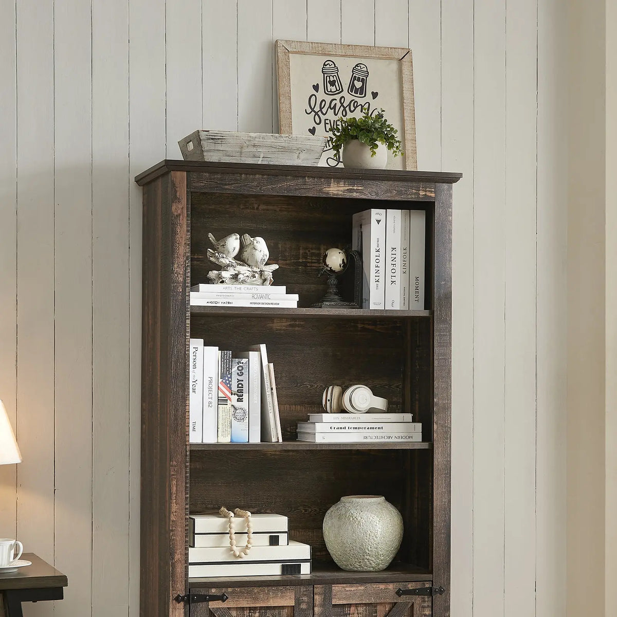Bret Farmhouse Bookcase Storage Cabinet Rustic Oak Black