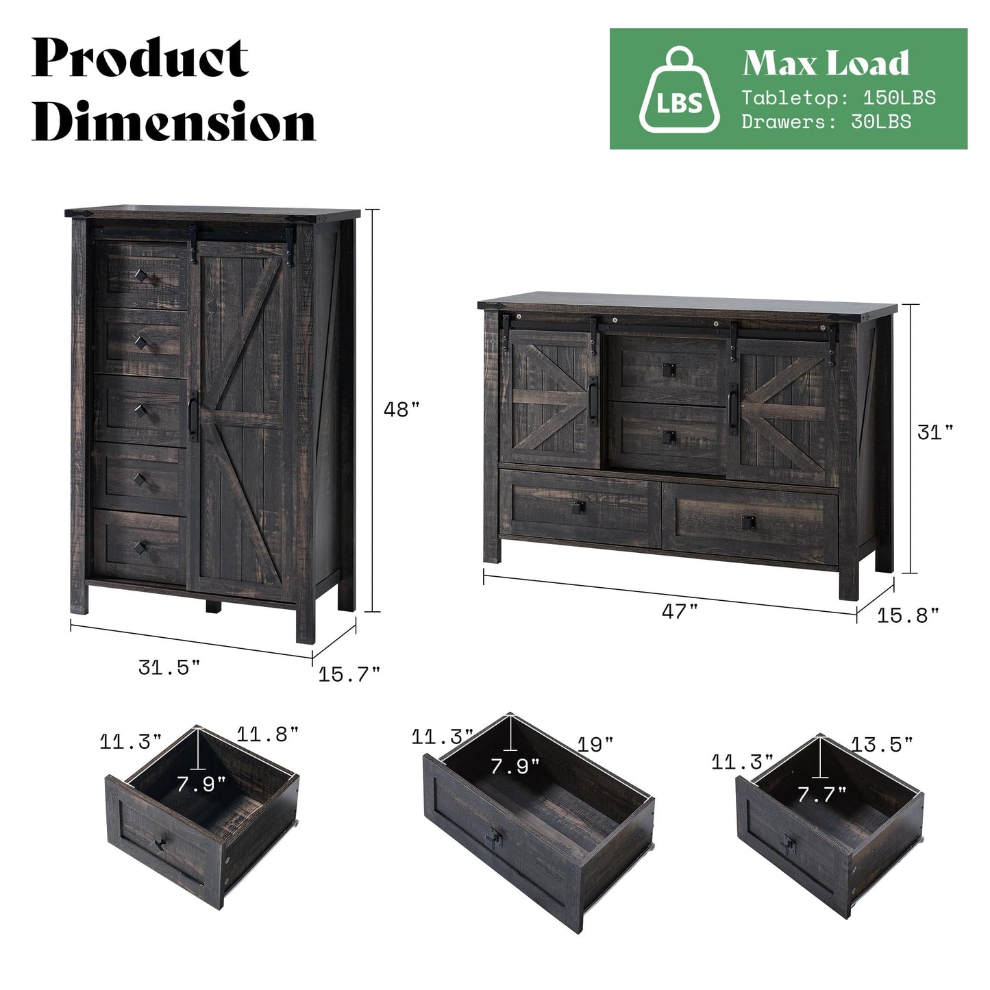 Farmhouse Bedroom Set with Storage Amerlife Black Oak