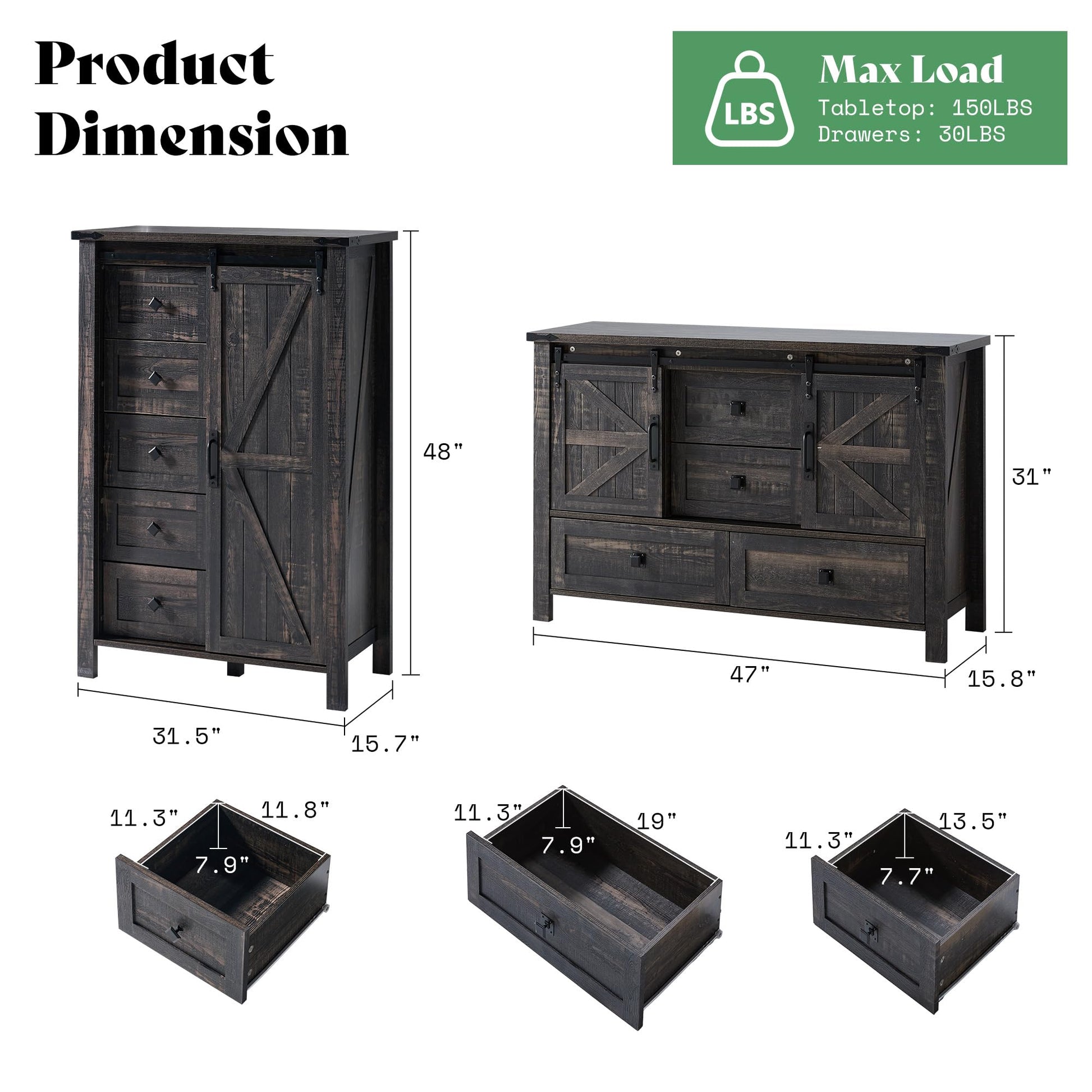 Farmhouse Bedroom Set with Storage Amerlife Black Oak