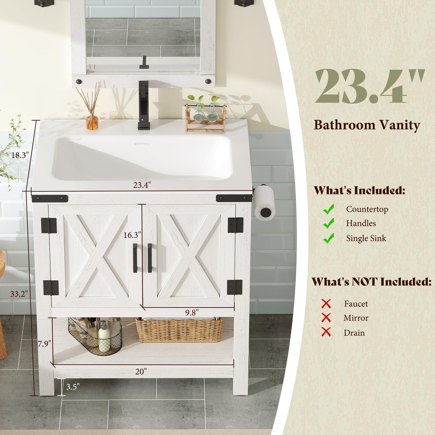 Calverton Farmhouse Vanity with Integrated Sink Amerlife Antique White 24”