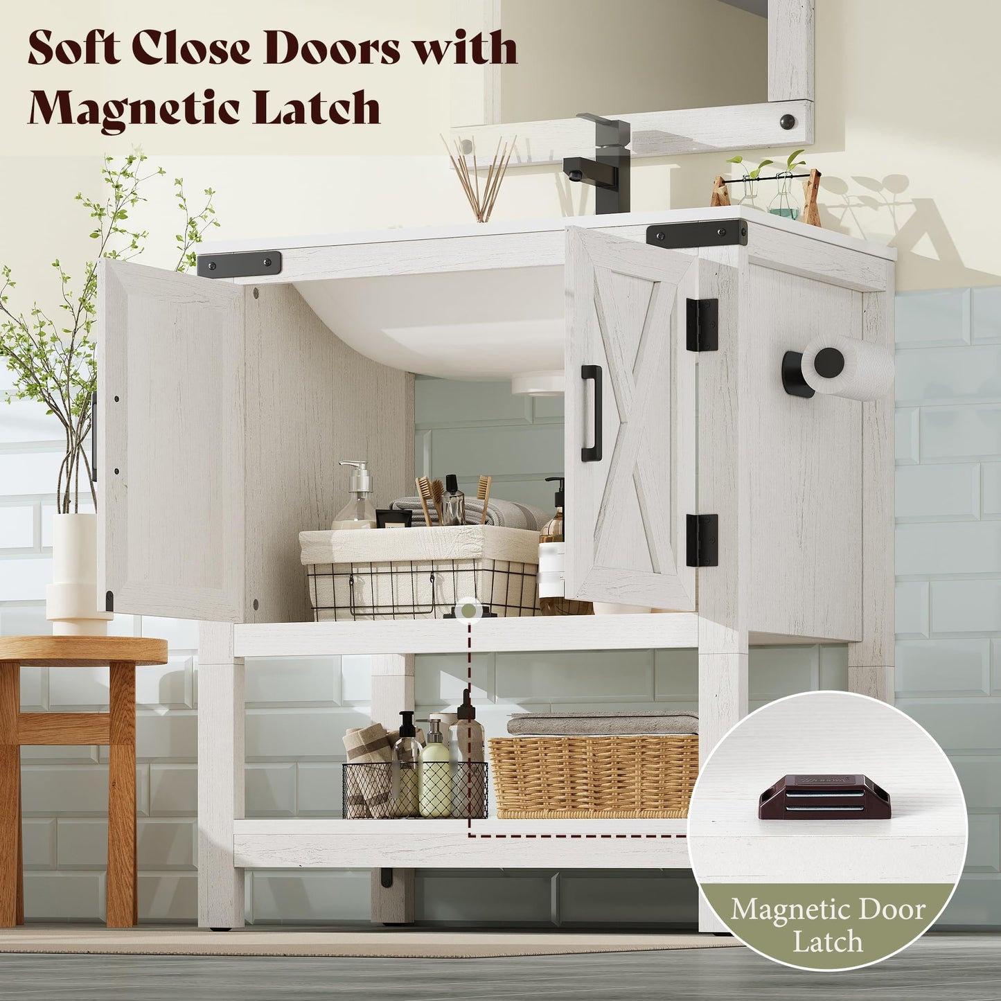 Calverton Farmhouse Vanity with Integrated Sink Amerlife Antique White 24”