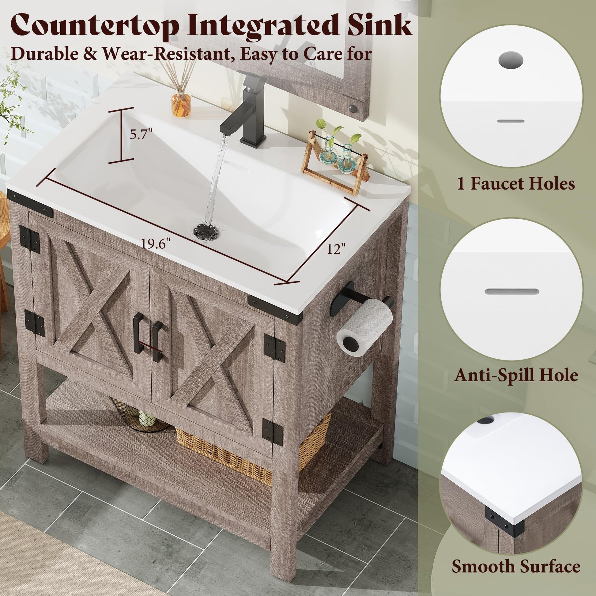 Calverton Farmhouse Vanity with Integrated Sink Amerlife Light Grey 24“