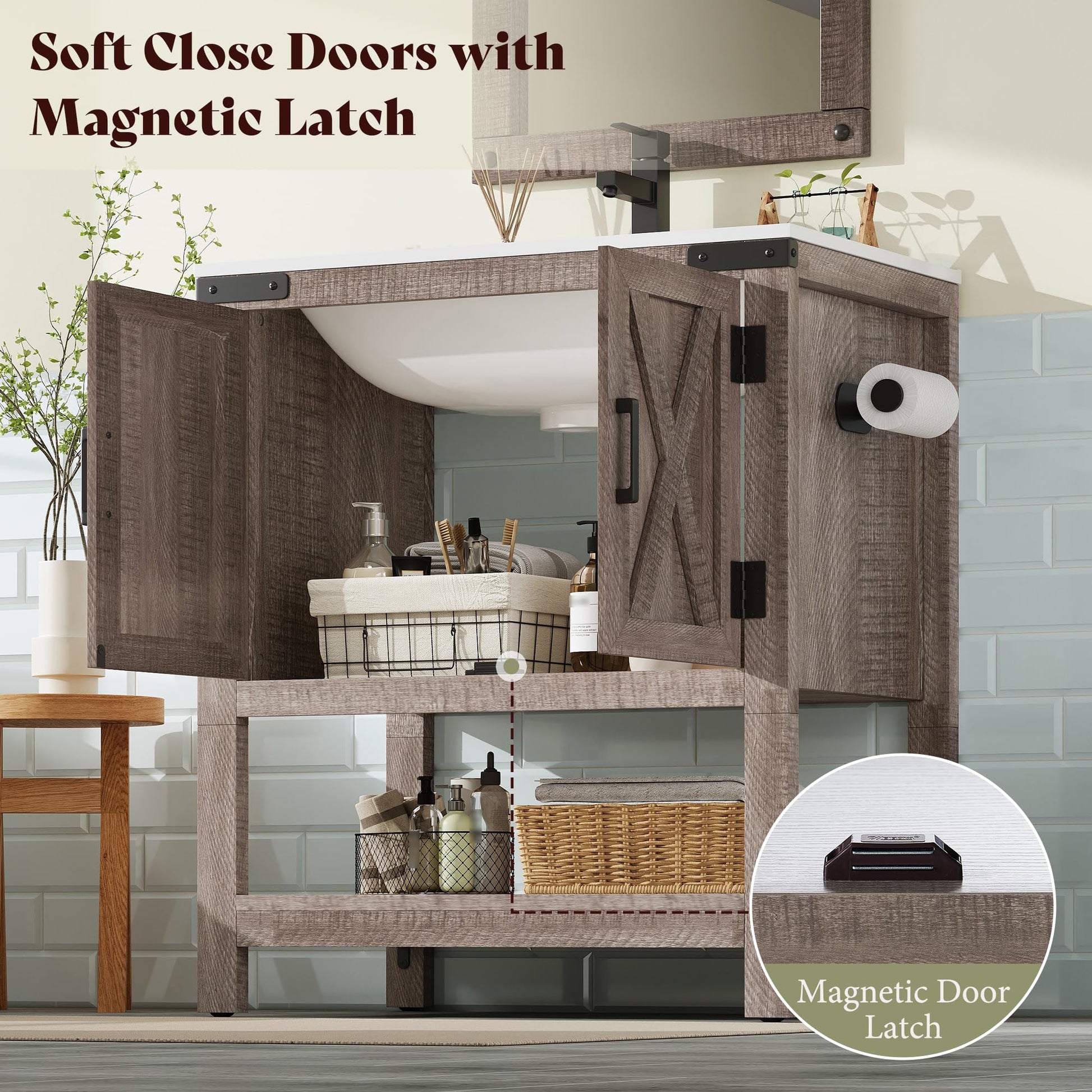 Calverton Farmhouse Vanity with Integrated Sink Amerlife Light Grey 24“