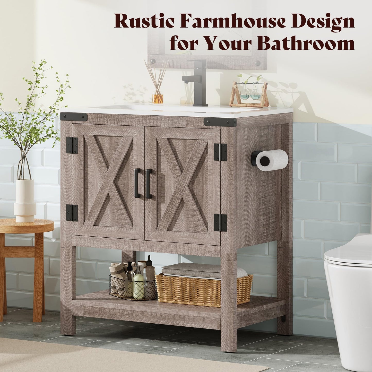 Calverton Farmhouse Vanity with Integrated Sink Amerlife Light Grey 24“