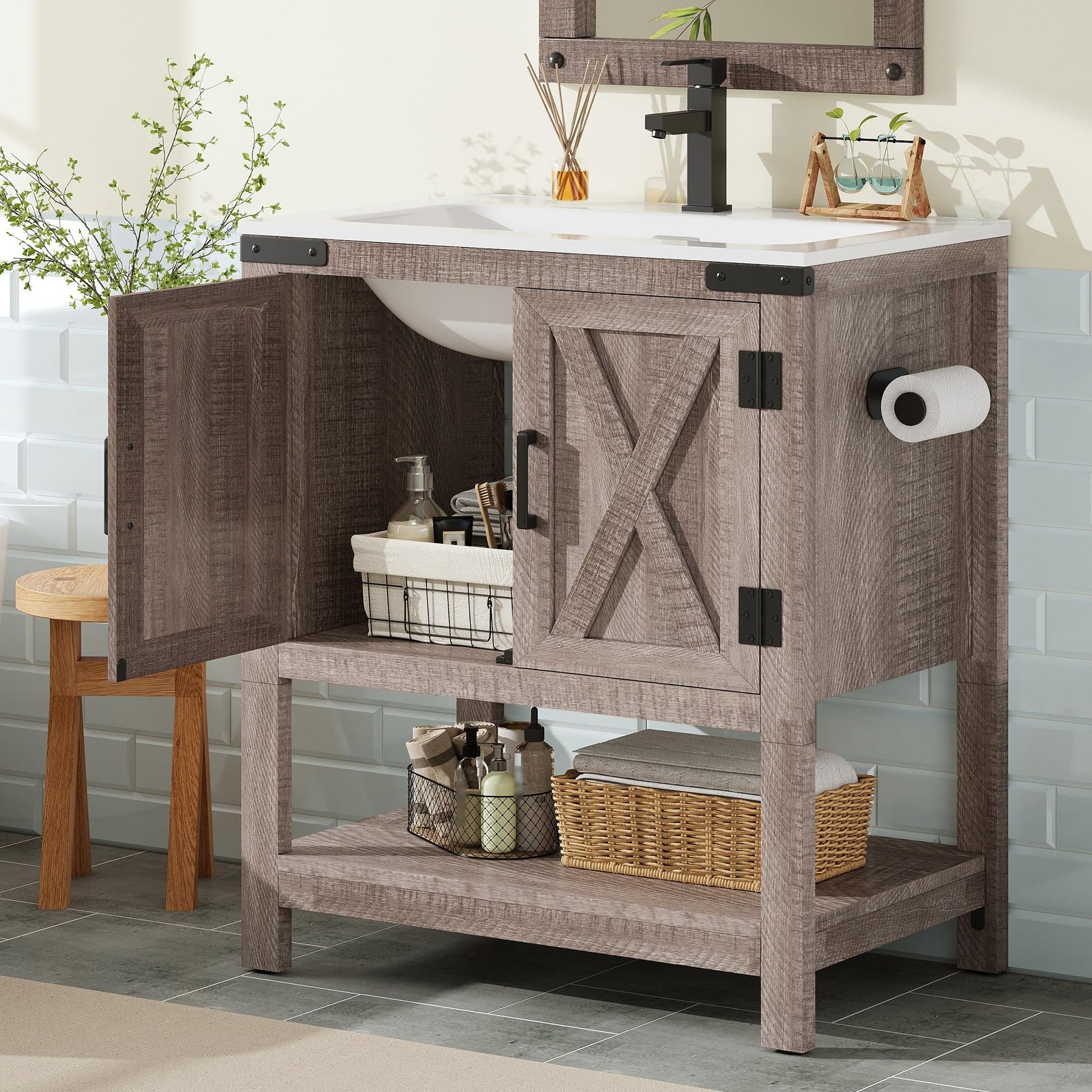 Calverton Farmhouse Vanity with Integrated Sink Amerlife Light Grey 24“