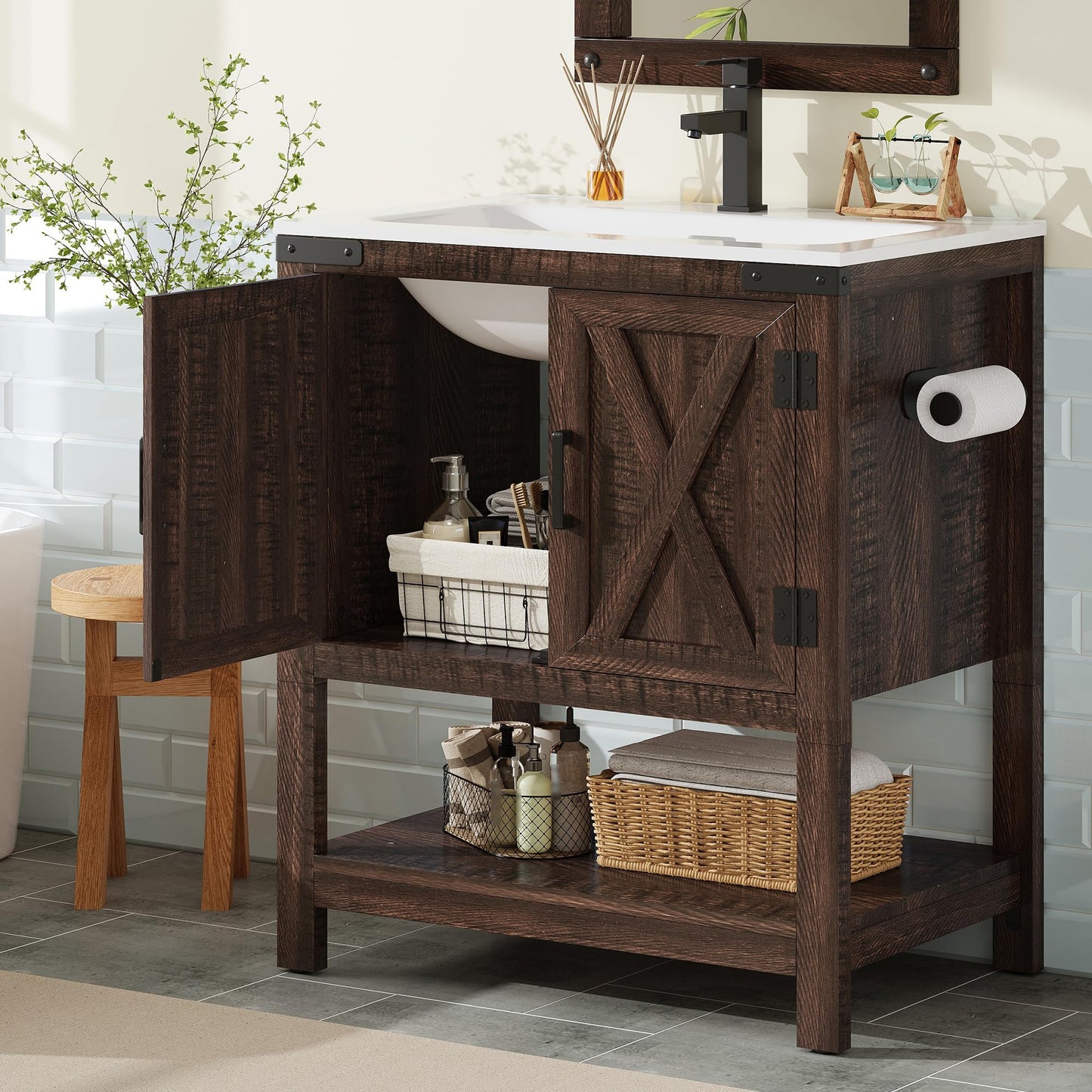 Calverton Farmhouse Vanity with Integrated Sink Amerlife Rustic Brown 24”