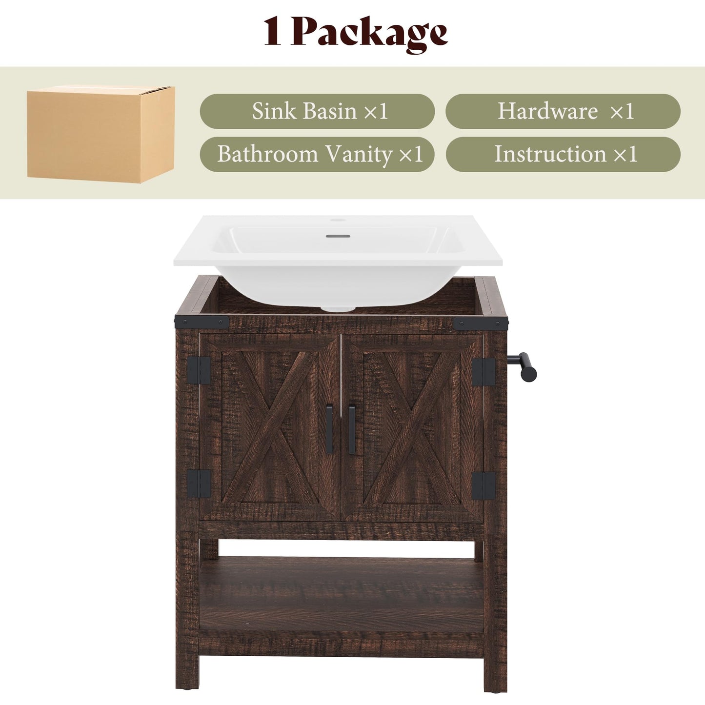 Calverton Farmhouse Vanity with Integrated Sink Amerlife Rustic Brown 24”