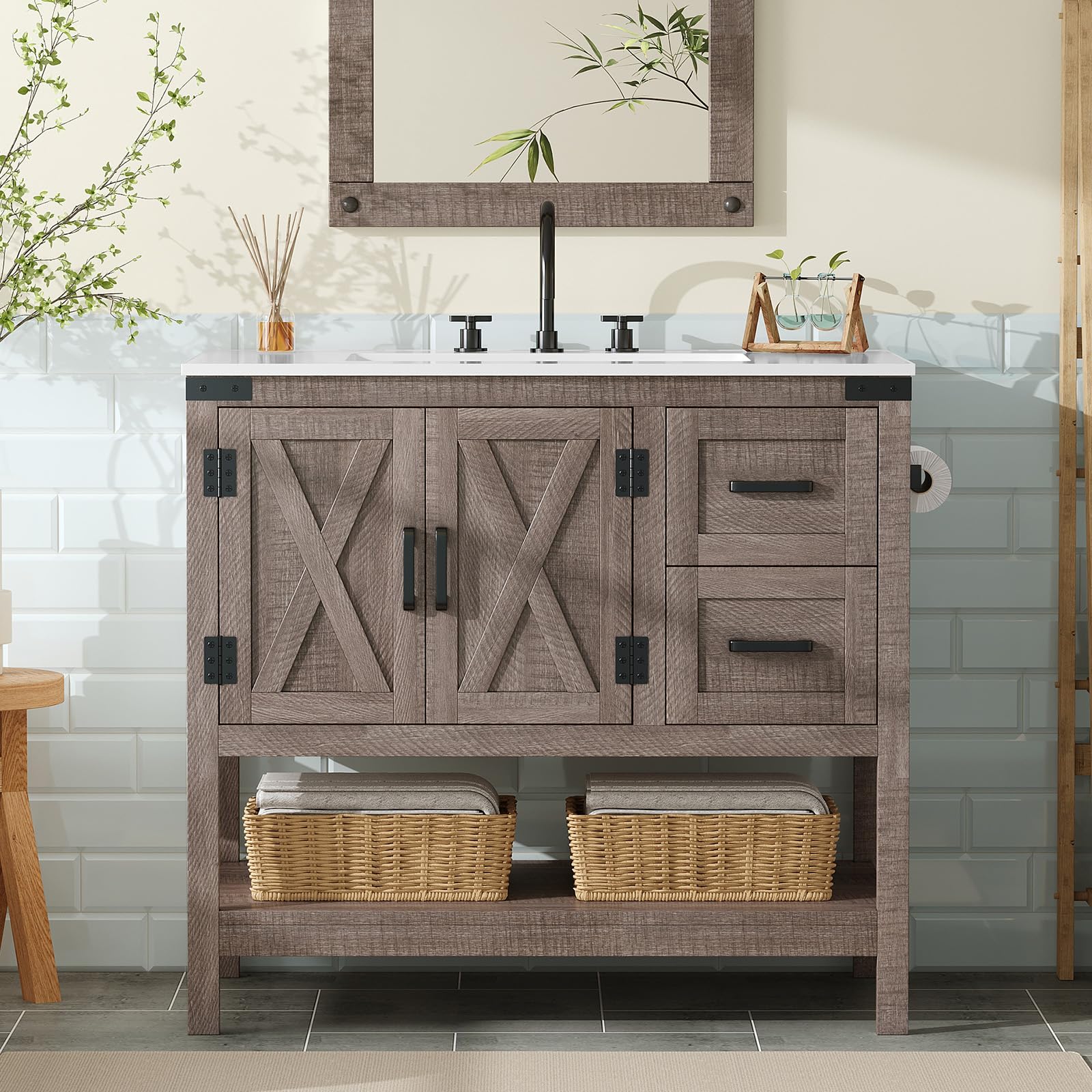 Calverton Farmhouse Vanity with Integrated Sink Amerlife Light Grey 36“