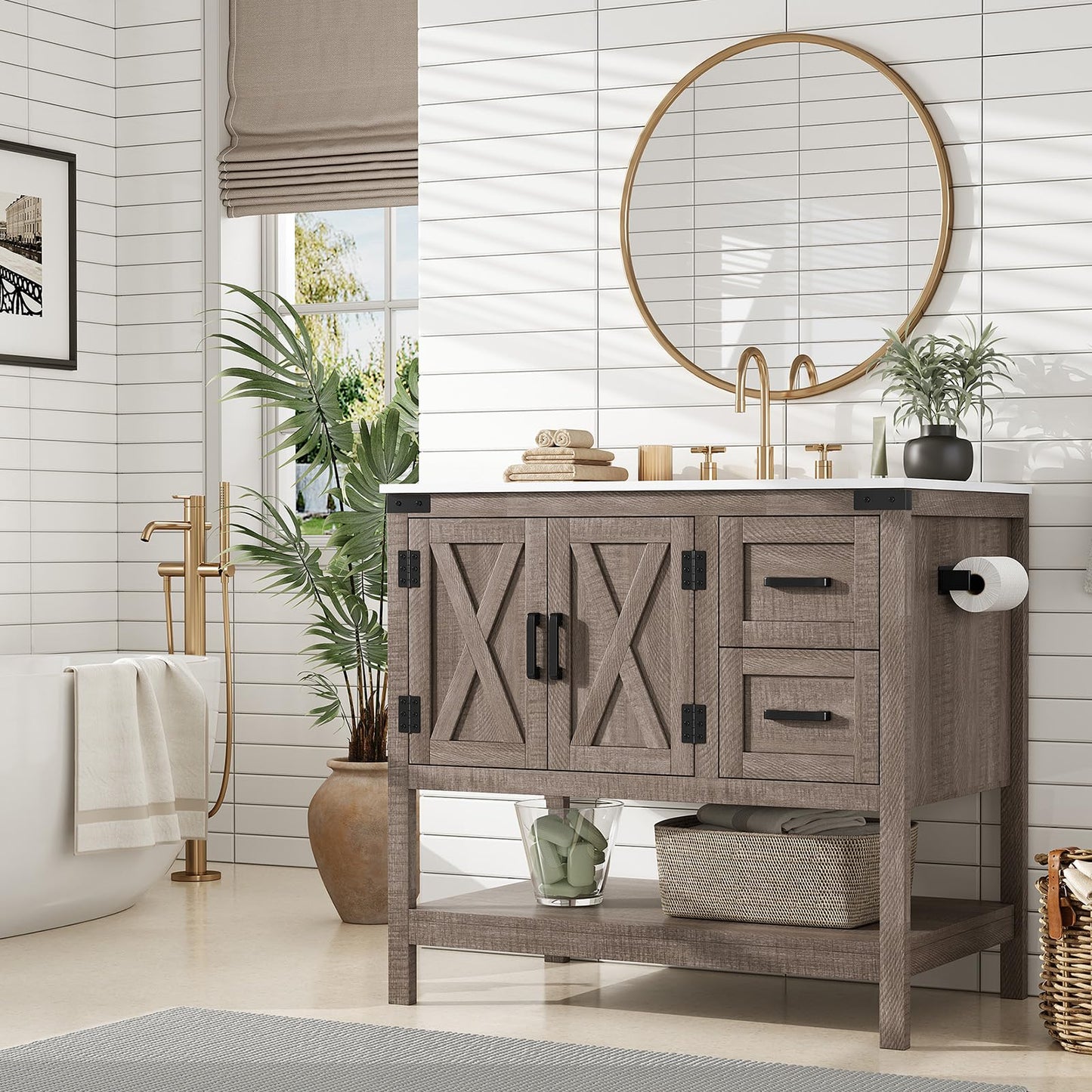 Calverton Farmhouse Vanity with Integrated Sink Amerlife Light Grey 36“