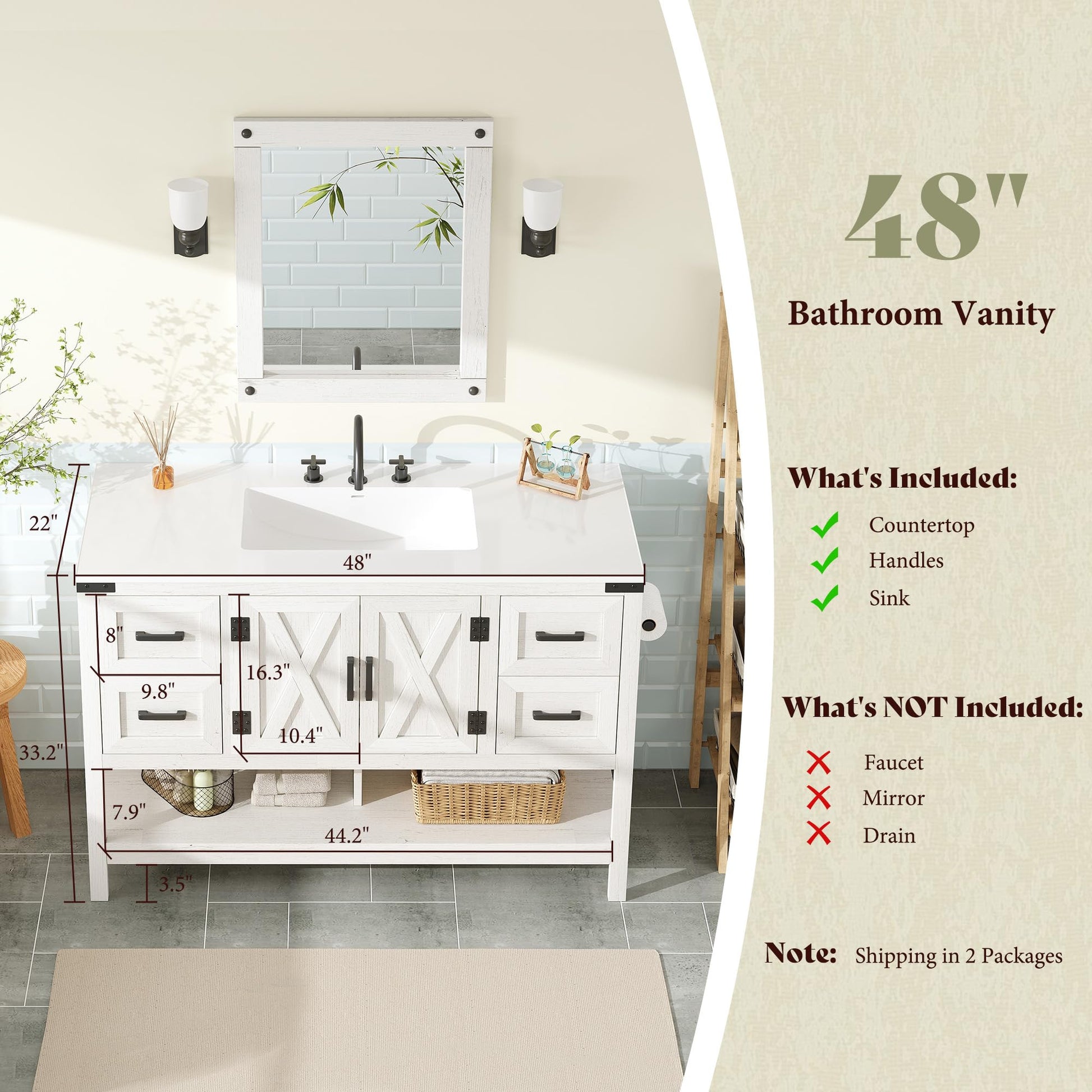 Calverton Farmhouse Vanity with Integrated Sink Amerlife Antique White 48”
