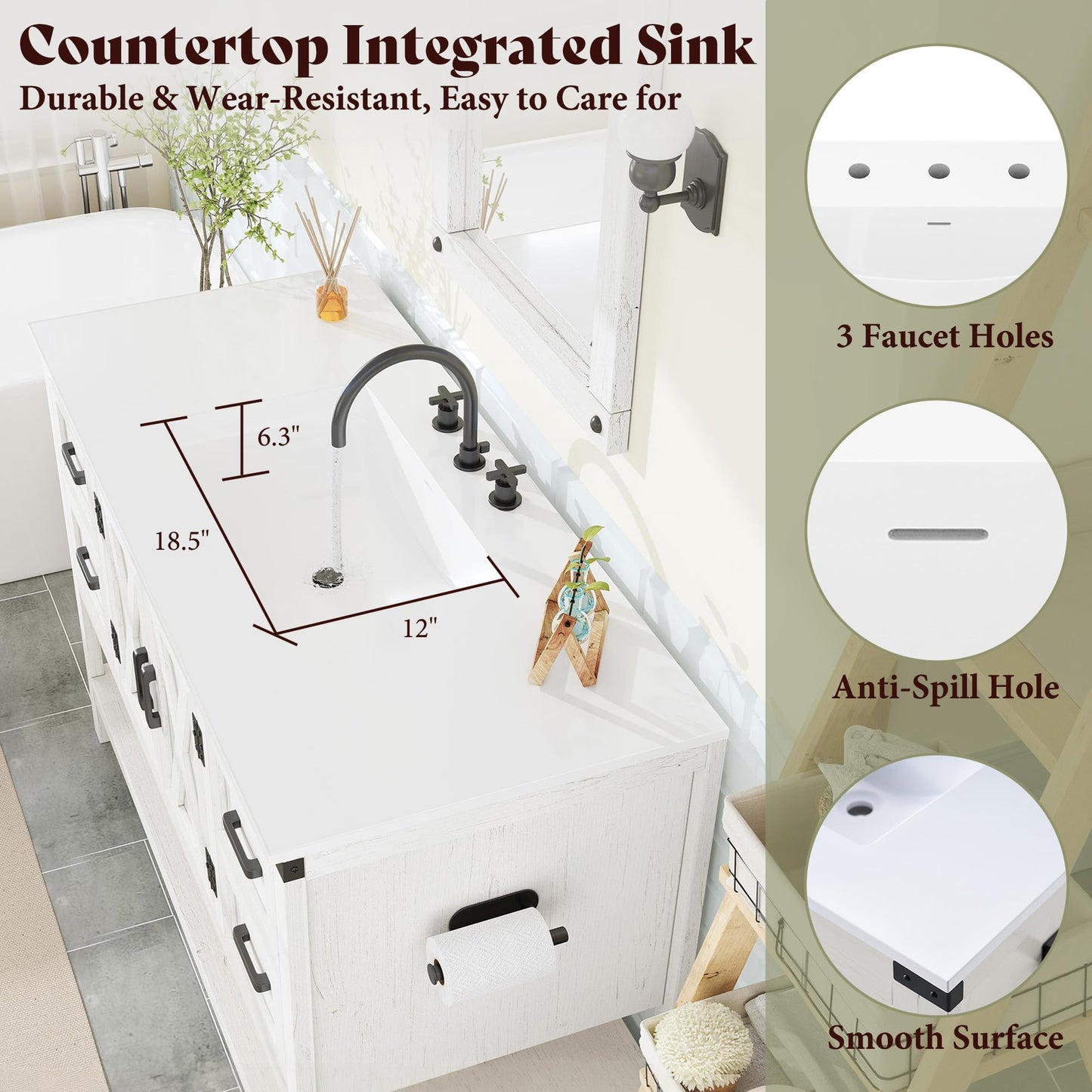 Calverton Farmhouse Vanity with Integrated Sink Amerlife Antique White 48”