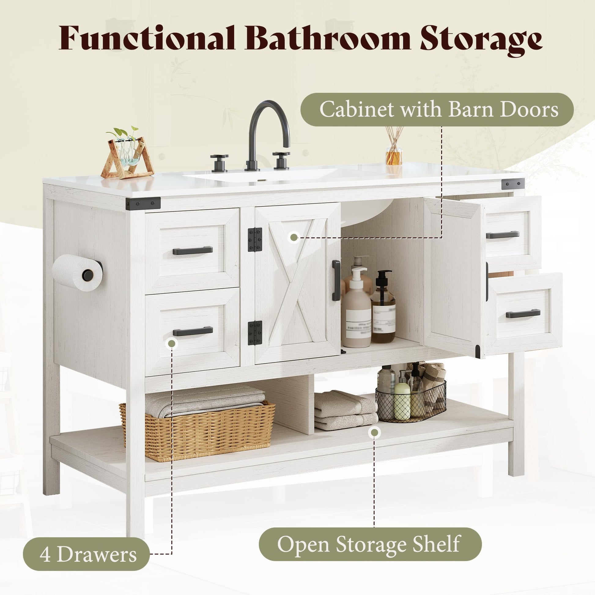 Calverton Farmhouse Vanity with Integrated Sink Amerlife Antique White 48”