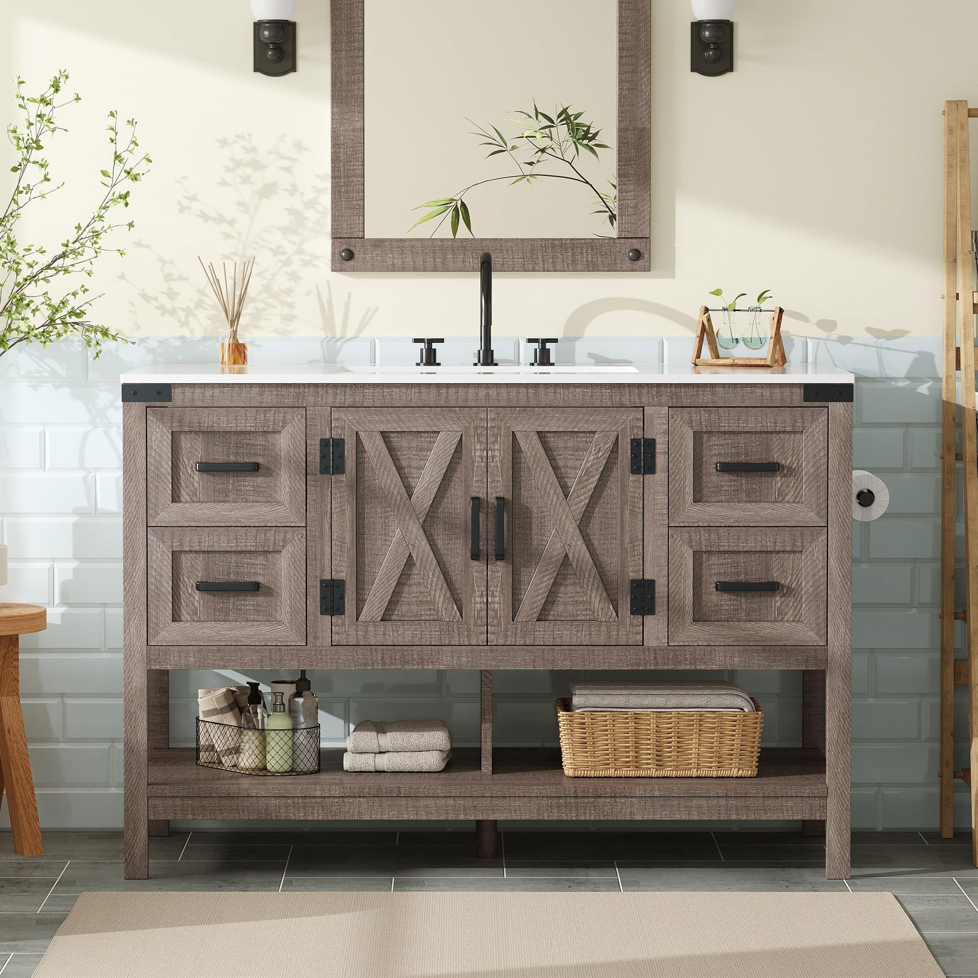 Calverton Farmhouse Vanity with Integrated Sink Amerlife Light Grey 48“