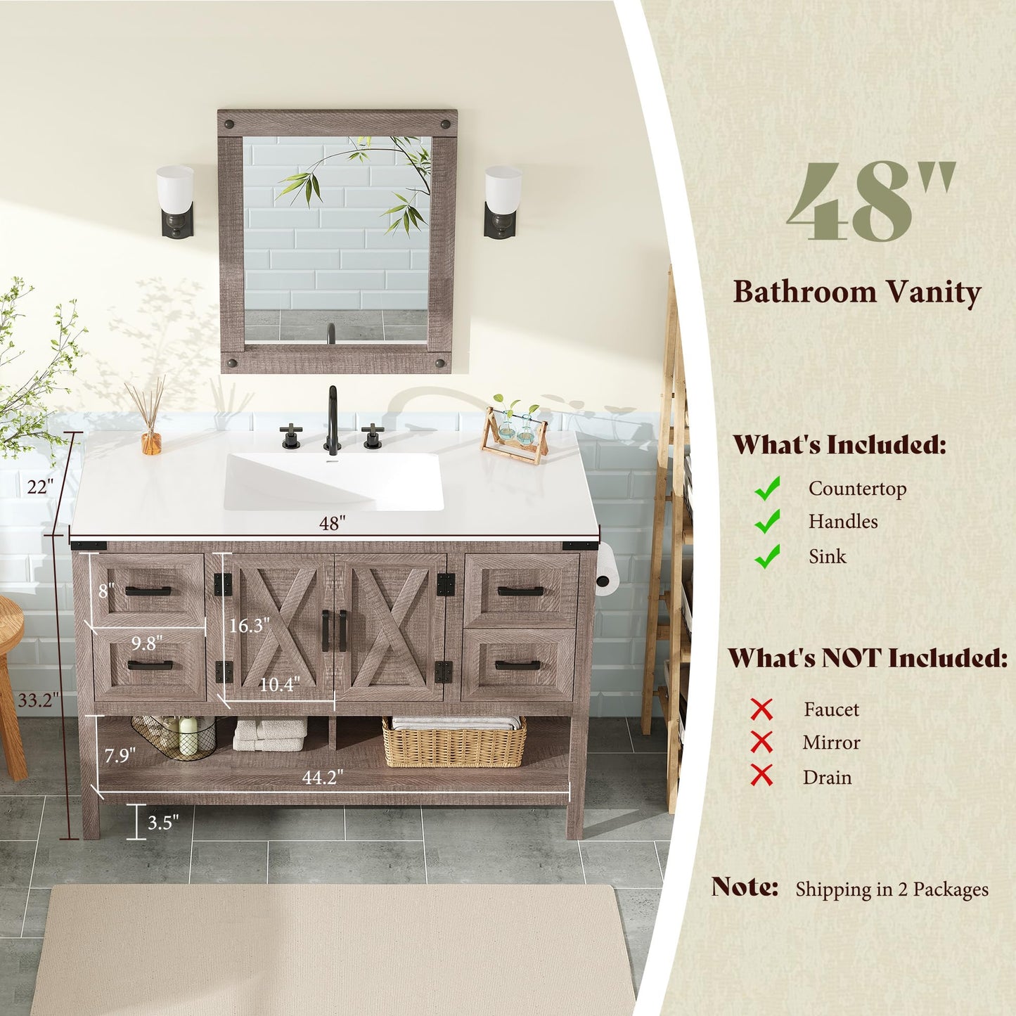 Calverton Farmhouse Vanity with Integrated Sink Amerlife Light Grey 48“