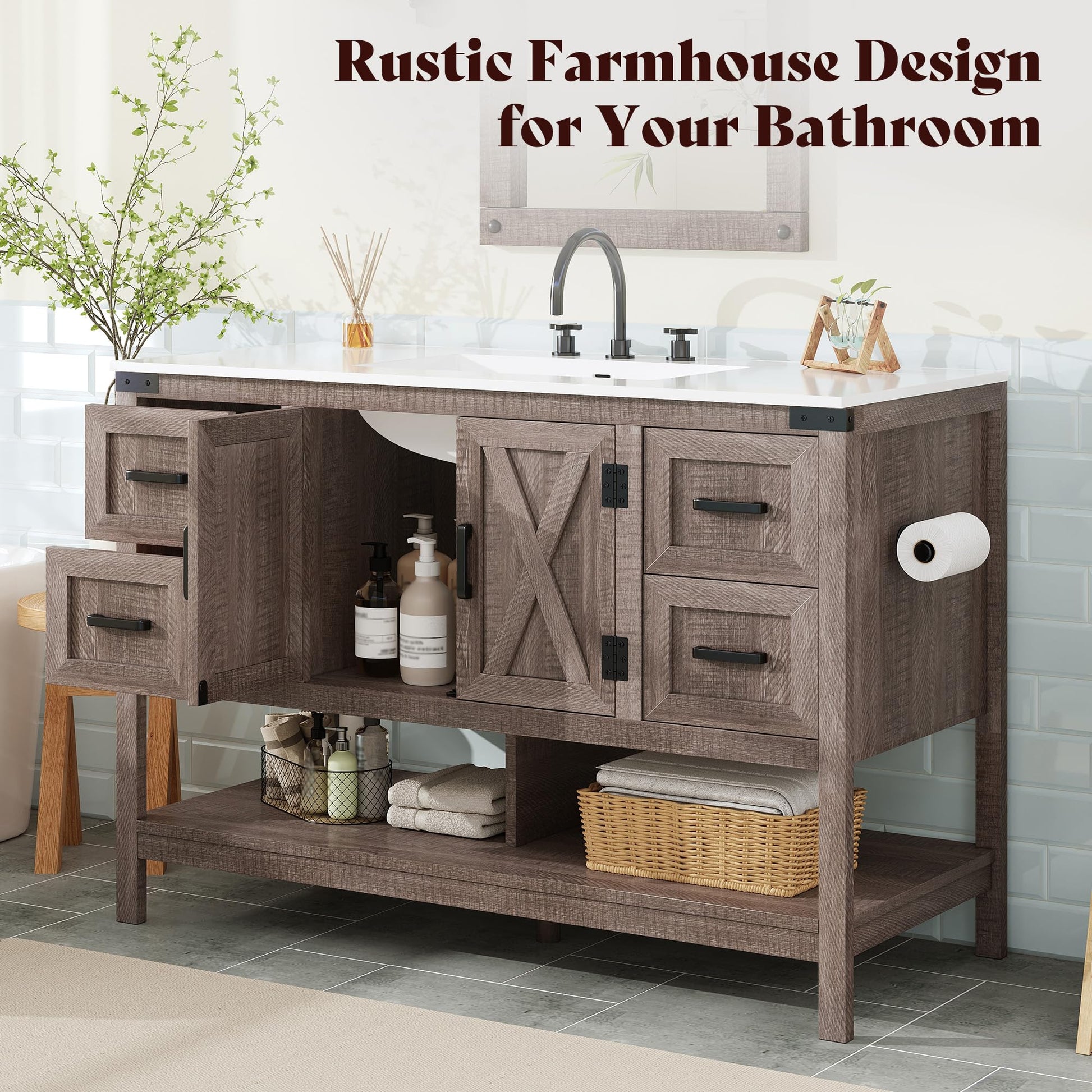 Calverton Farmhouse Vanity with Integrated Sink Amerlife Light Grey 48“