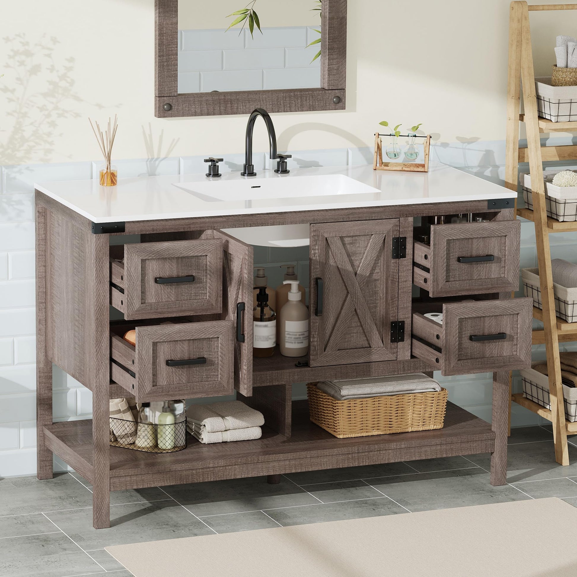 Calverton Farmhouse Vanity with Integrated Sink Amerlife Light Grey 48“