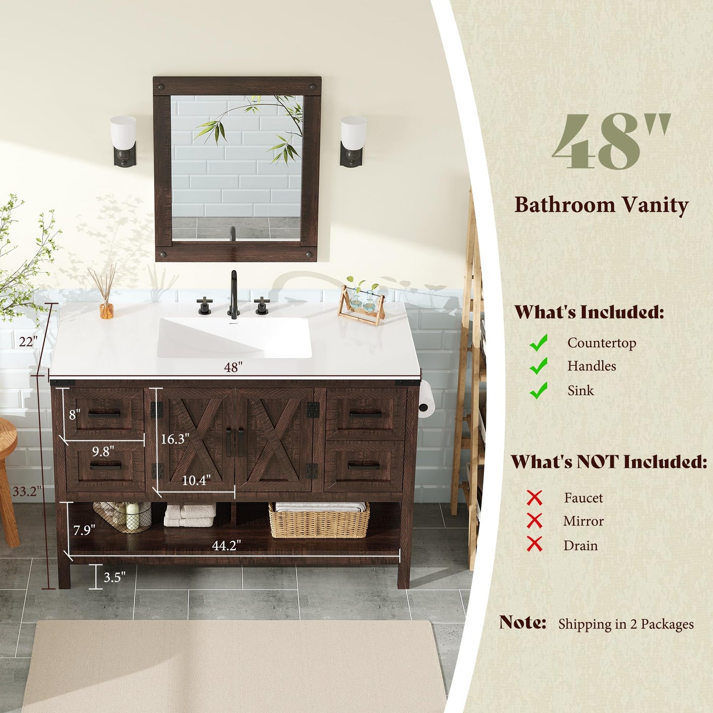 Calverton Farmhouse Vanity with Integrated Sink Amerlife Rustic Brown 48”