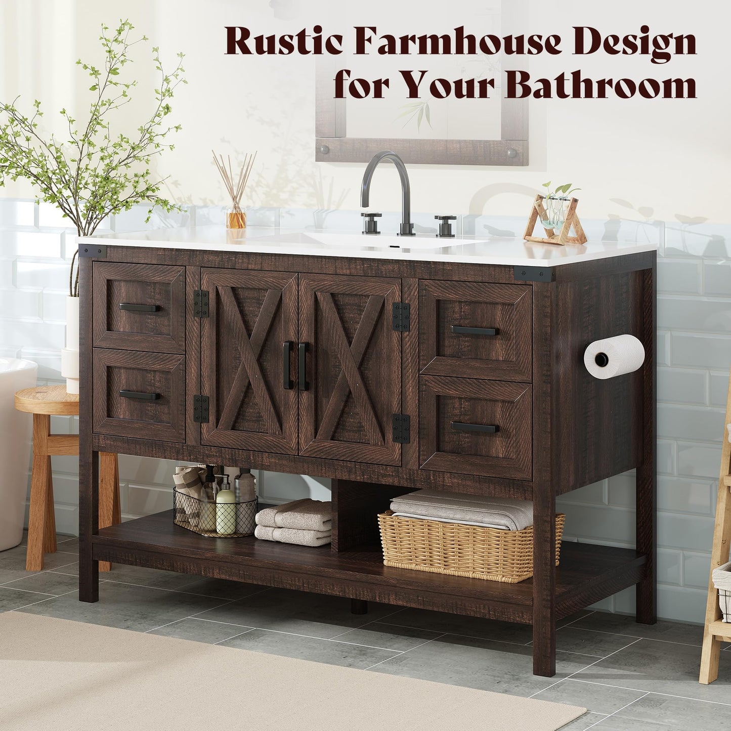 Calverton Farmhouse Vanity with Integrated Sink Amerlife Rustic Brown 48”