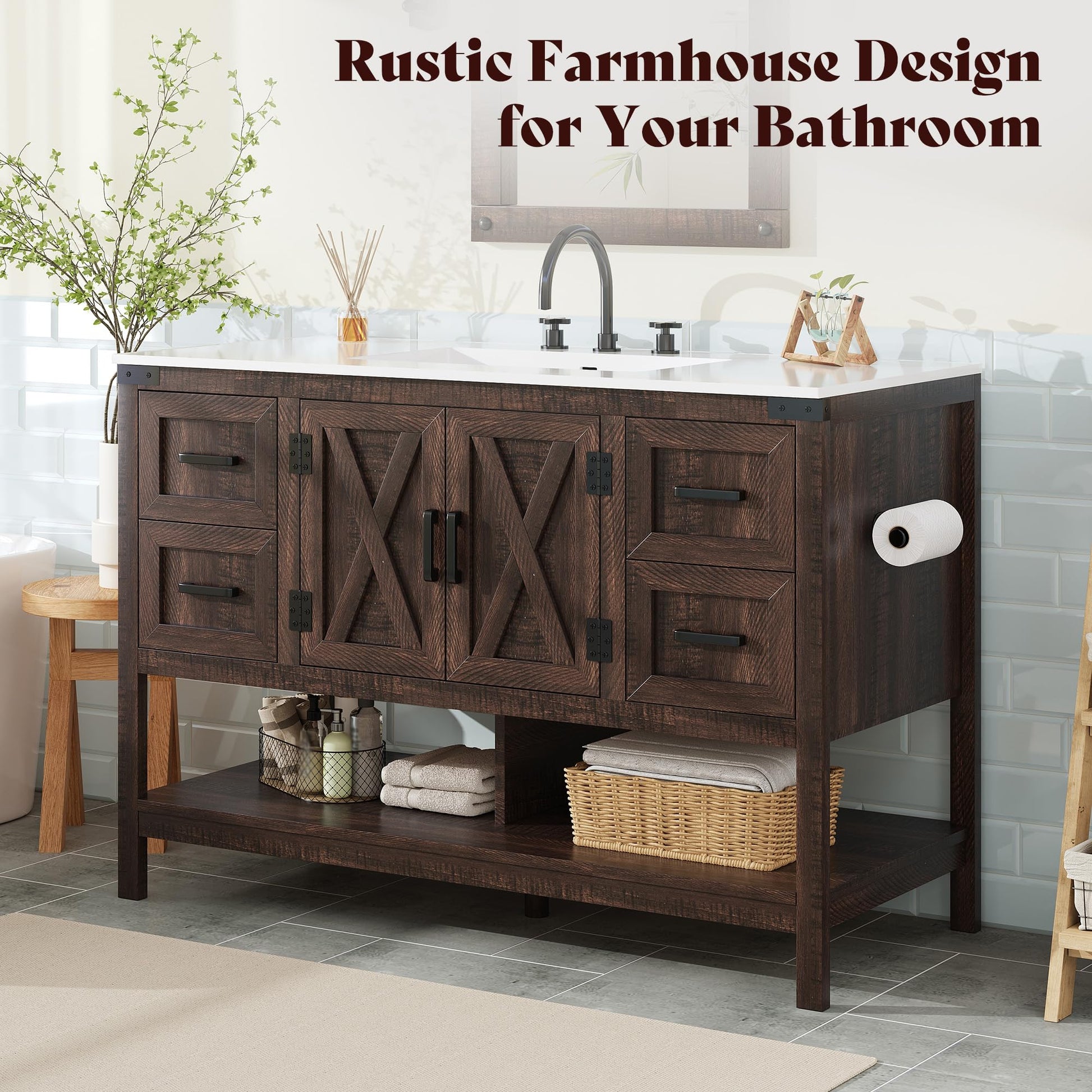Calverton Farmhouse Vanity with Integrated Sink Amerlife Rustic Brown 48”