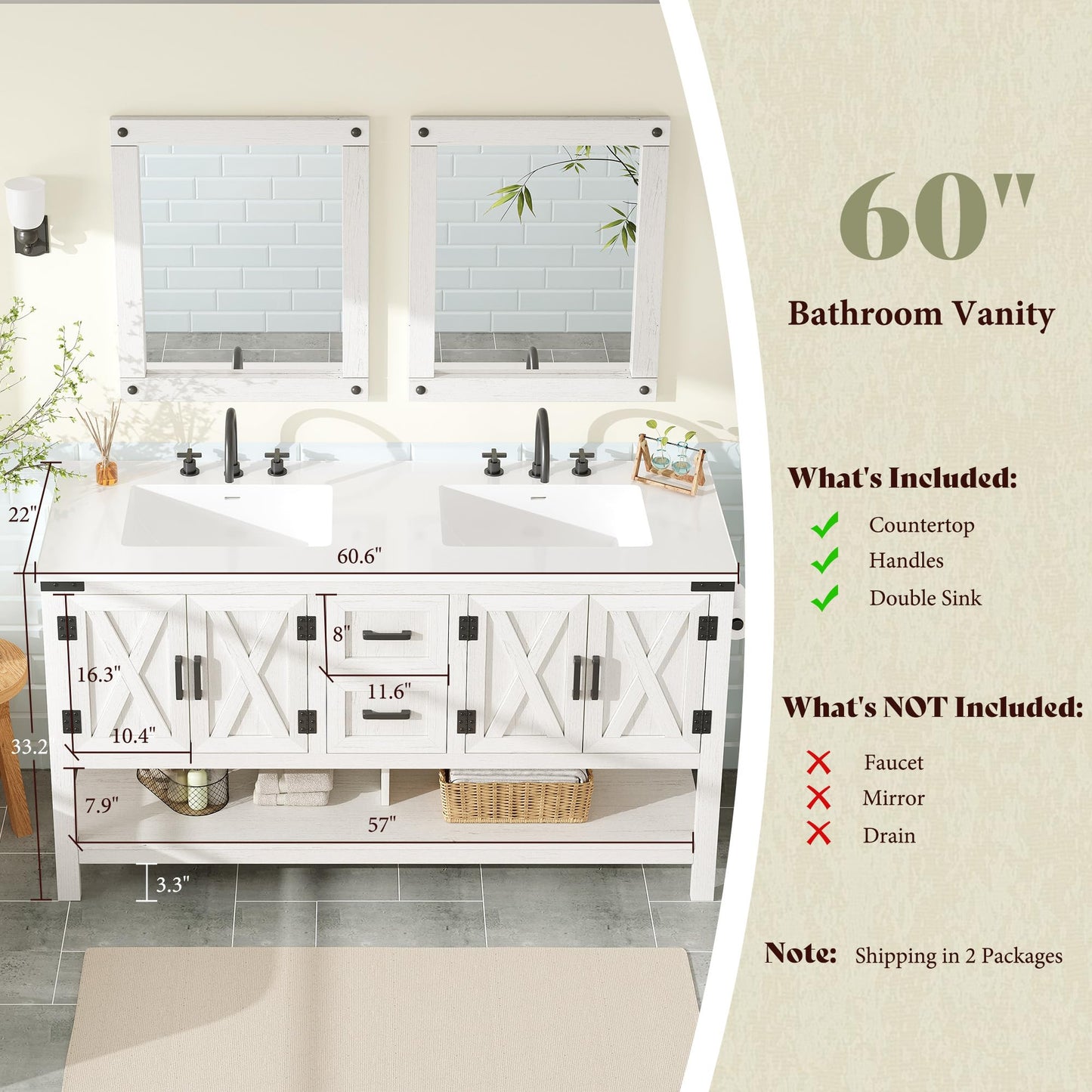 Calverton Farmhouse Vanity with Integrated Sink Amerlife Antique White 60”