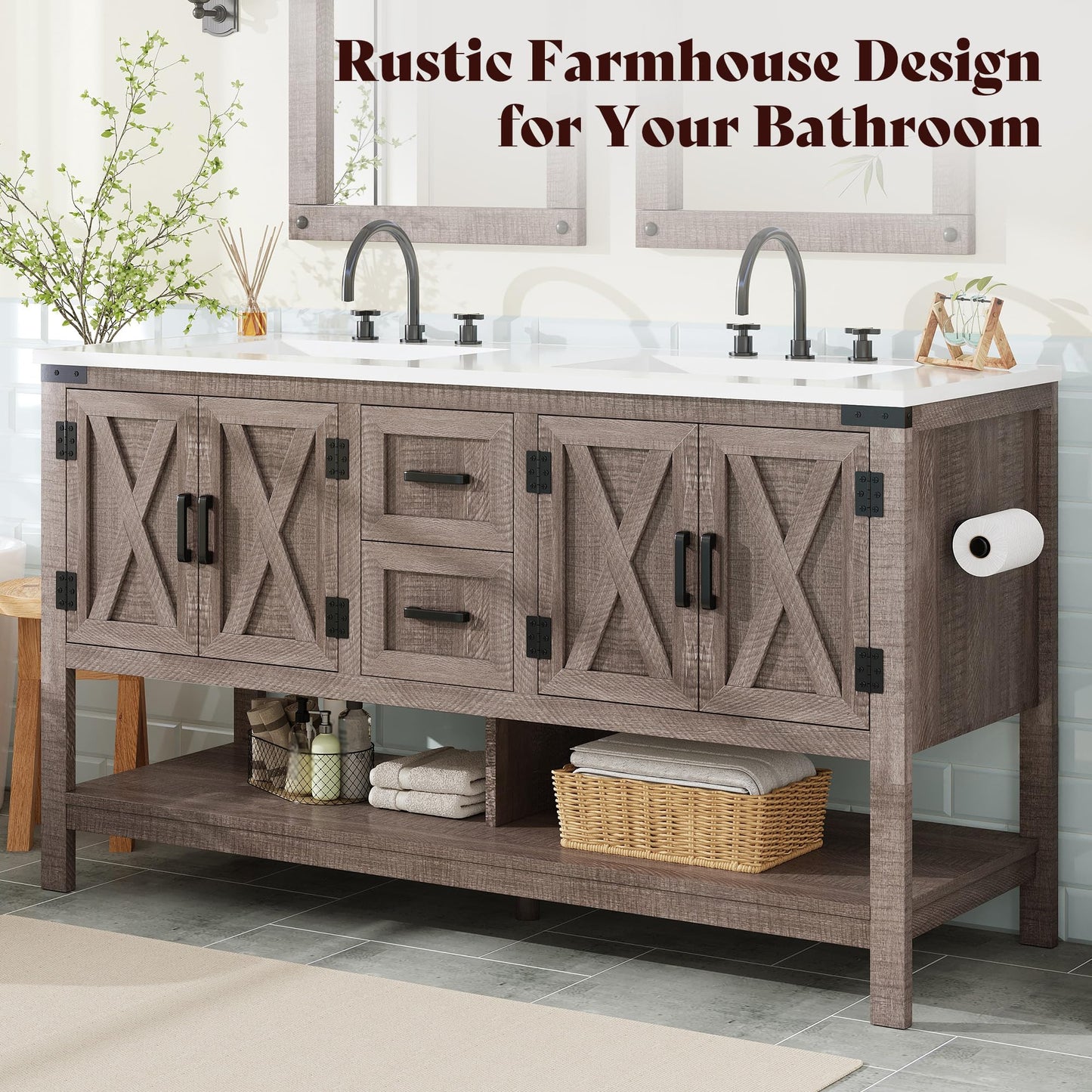 Calverton Farmhouse Vanity with Integrated Sink Amerlife Light Grey 60“