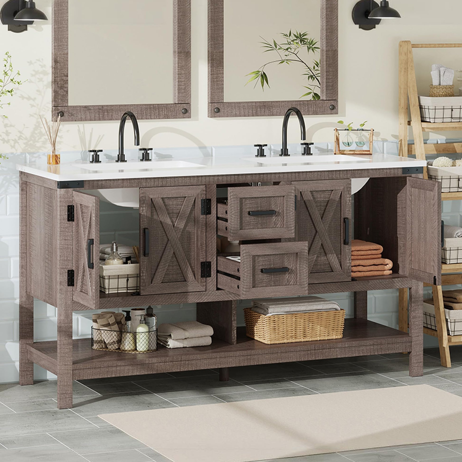Calverton Farmhouse Vanity with Integrated Sink Amerlife Light Grey 60“