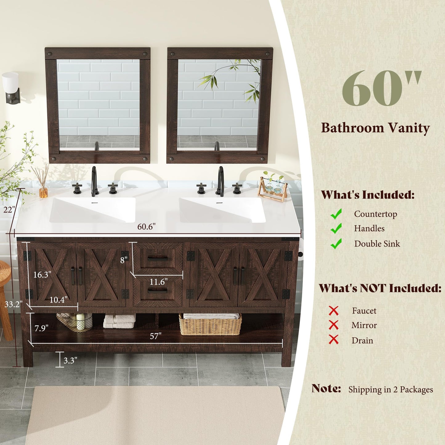 Calverton Farmhouse Vanity with Integrated Sink Amerlife Rustic Brown 60”