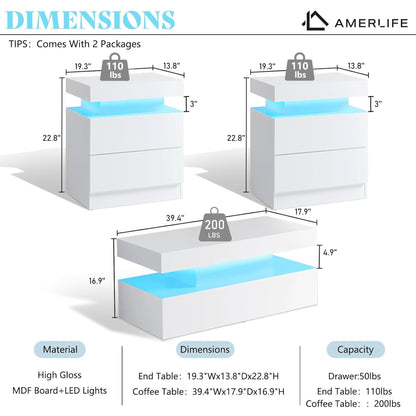Luma 3-Piece Coffee Table Set Amerlife White