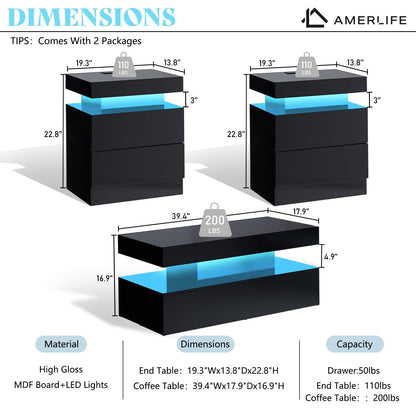 Luma 3-Piece Coffee Table Set Amerlife BLack
