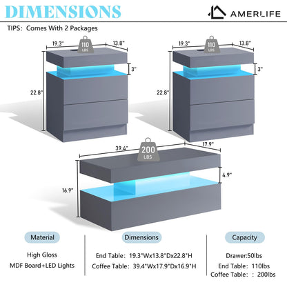 Luma 3-Piece Coffee Table Set Amerlife Grey